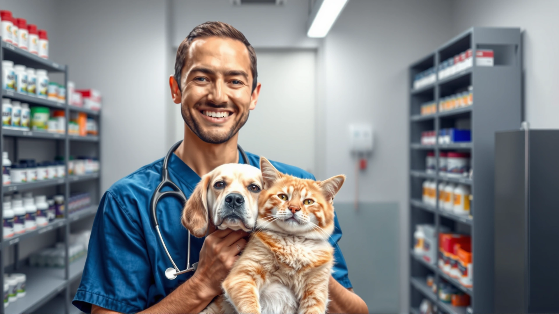 A friendly veterinarian smiling while holding a dog and a cat in a modern, well-lit clinic; shelves of pet supplements visible in the background, no text on image