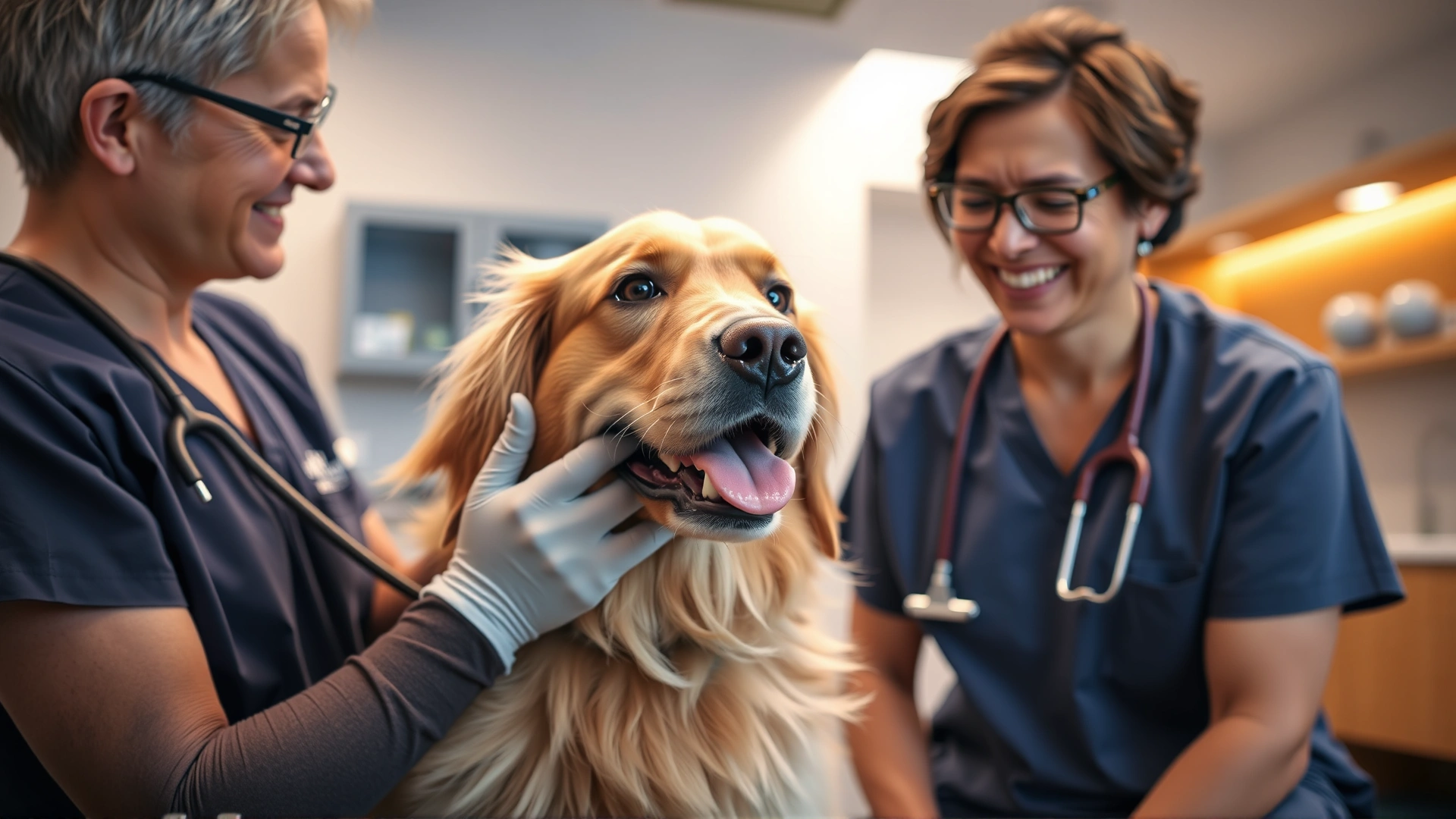 Friendly golden retriever being examined by a veterinarian while the owner looks on reassuringly, in a modern vet clinic with warm lighting.