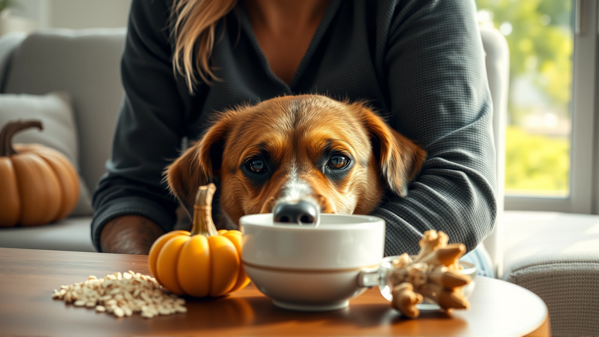 Close-up of a happy dog resting its head on its owner’s lap while various natural ingredients (pumpkin, oatmeal, chamomile) are placed on a coffee table in the foreground, soft sunlight coming through a window.