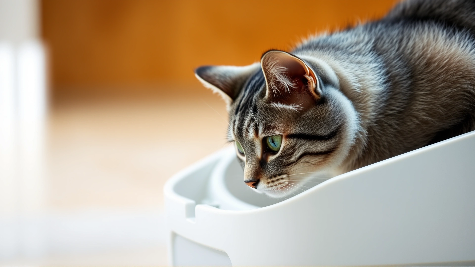 Close-up of a grey tabby cat stepping into a white automatic litter box, shallow depth of field, warm natural lighting.