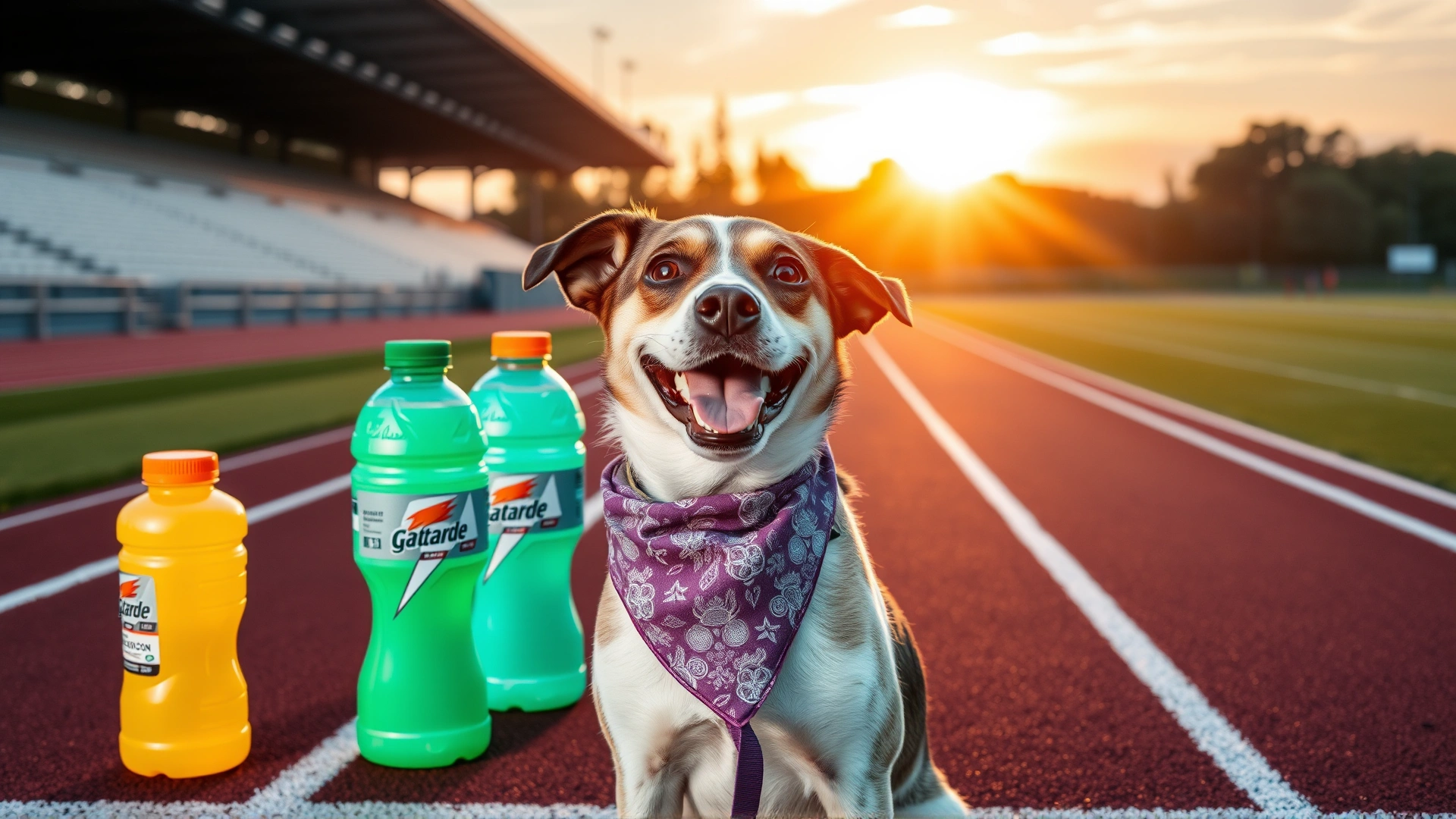 Cheerful dog wearing sportive bandana next to colorful Gatorade bottles on a running track at sunrise