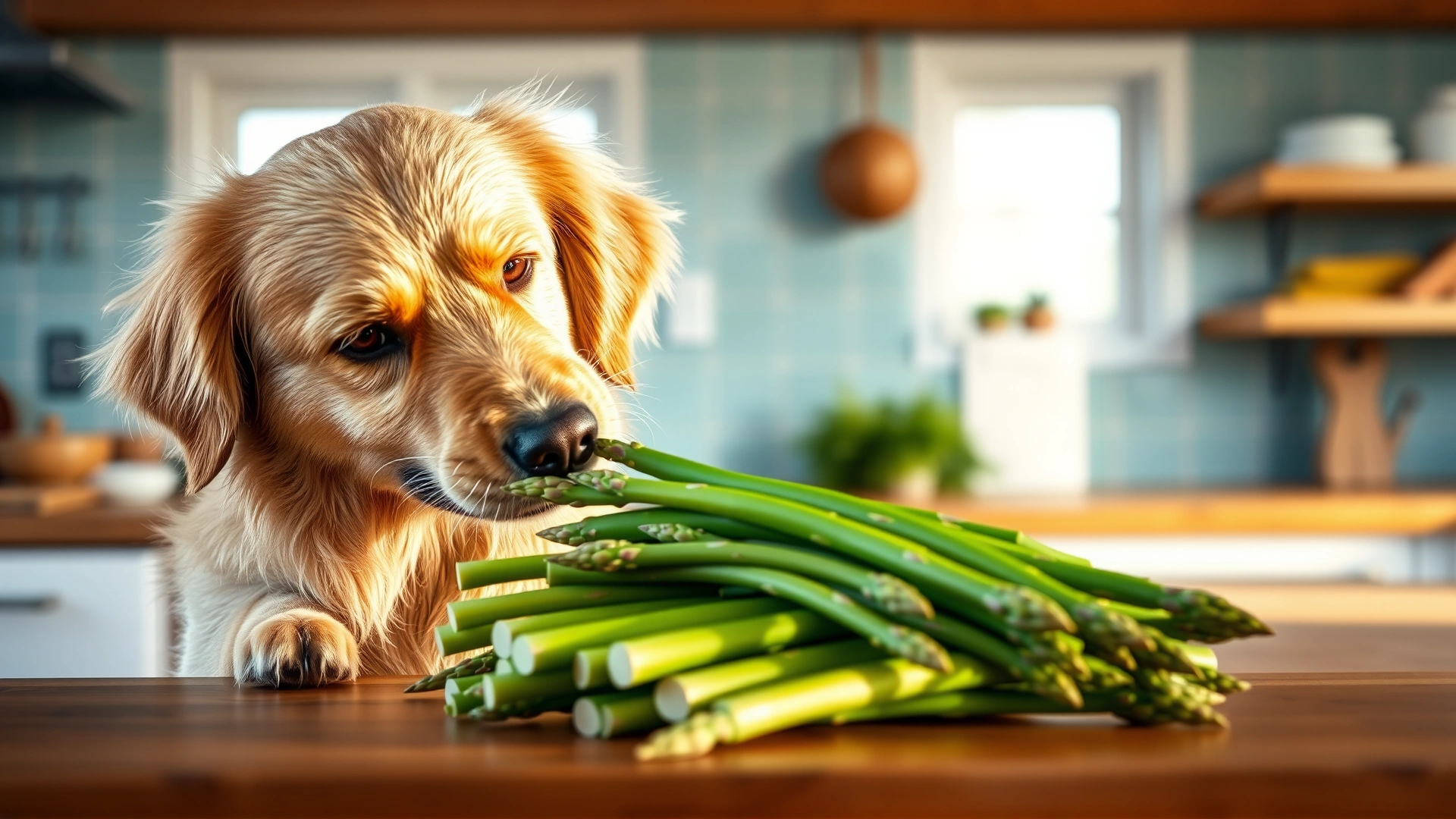 Happy golden retriever sniffing a bunch of fresh asparagus on a wooden kitchen countertop, sunlit background, vibrant colors