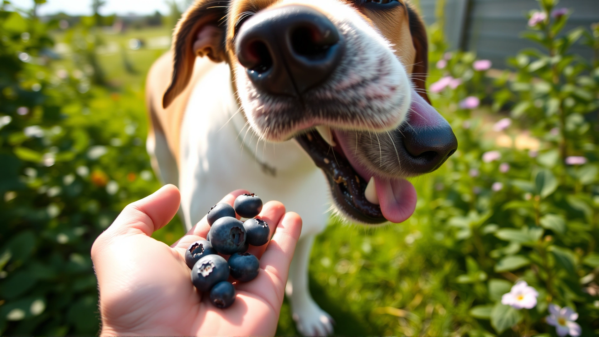 Close-up photo of a dog gently taking fresh blueberries from a human hand outdoors in a bright, green garden setting