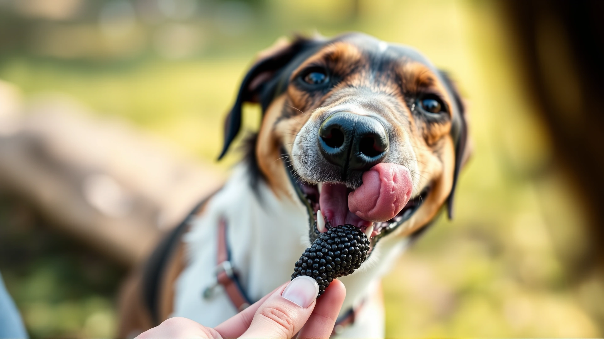Close-up of a happy mixed-breed dog licking a blackberry held by its owner outdoors, summer vibe, soft focus background
