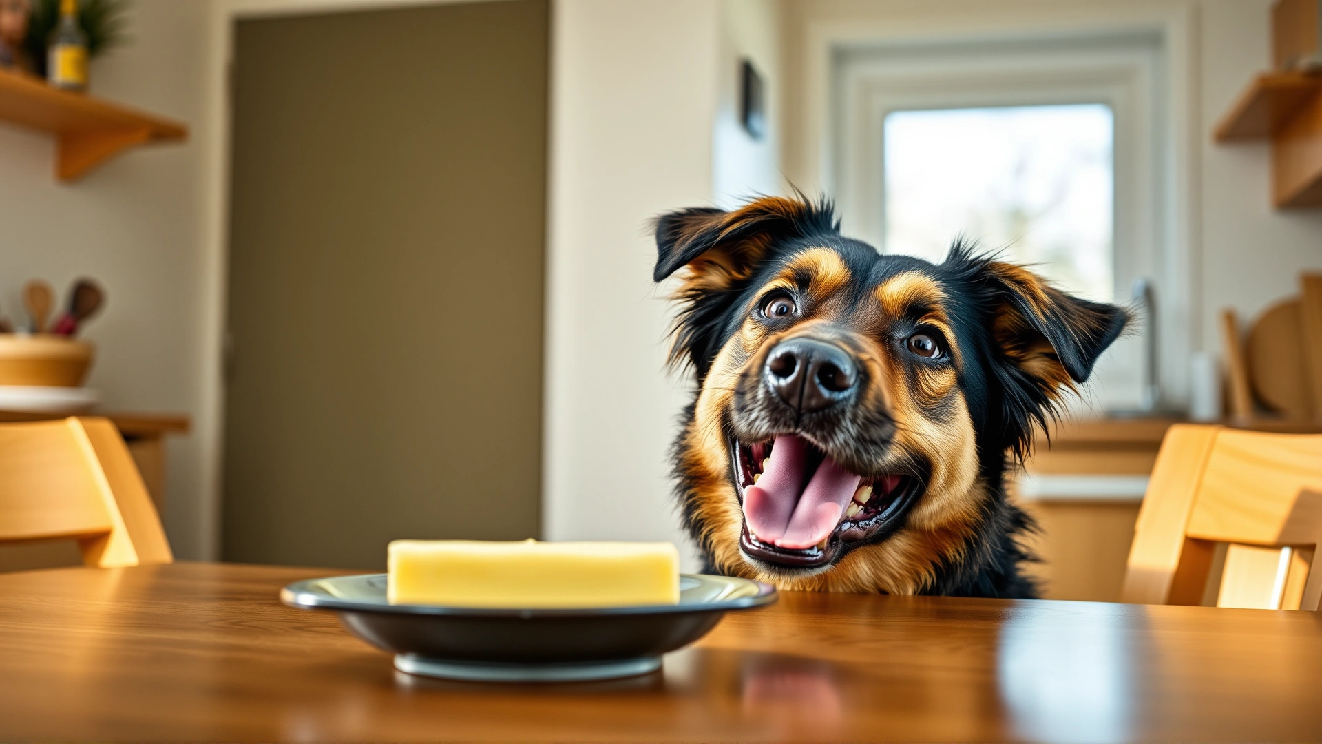Happy mixed-breed dog looking curiously at a stick of butter placed on a kitchen table under bright natural light