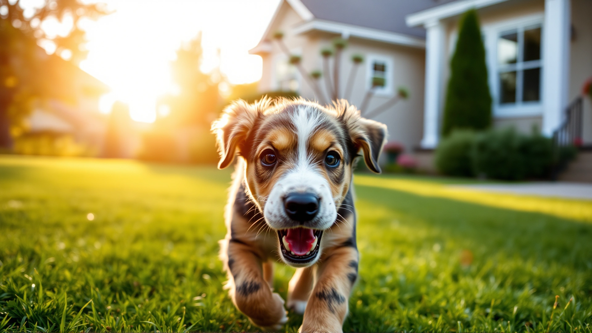 Wide-angle shot of an energetic mixed-breed puppy running toward the camera across a sunny lawn, conveying vitality and health. Background shows a soft-focus suburban garden.
