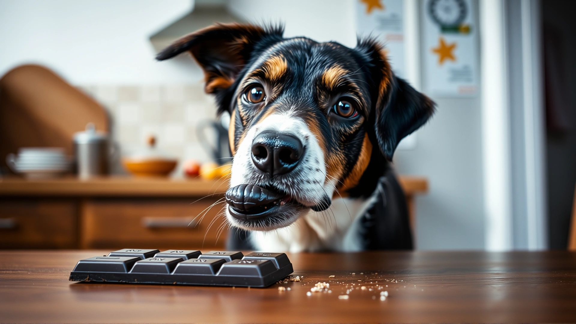 Close-up of a curious dog sniffing a bar of dark chocolate on a kitchen table, blurred background