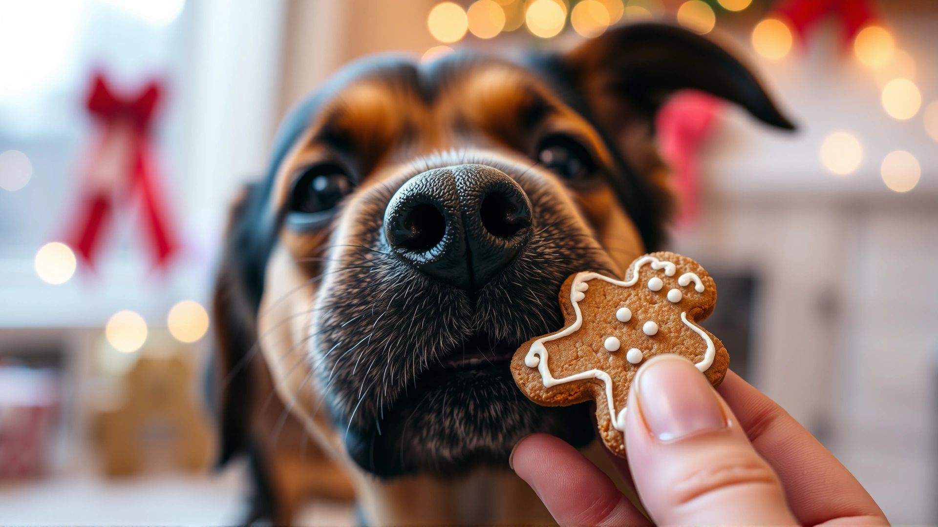 Close-up of a cute dog sniffing a decorated gingerbread cookie held by a human hand, with blurred holiday lights in the background. Cozy indoor atmosphere.