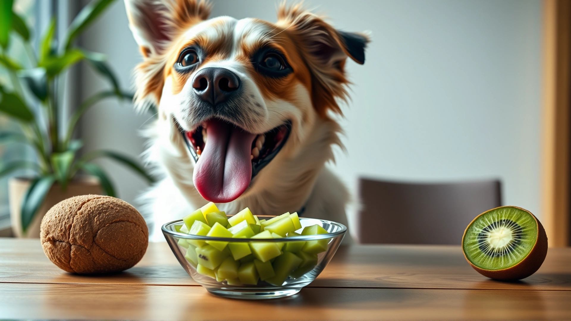 Close-up of a happy medium-size dog with its tongue out next to a bowl of diced kiwi on a wooden table, soft natural light, cheerful atmosphere