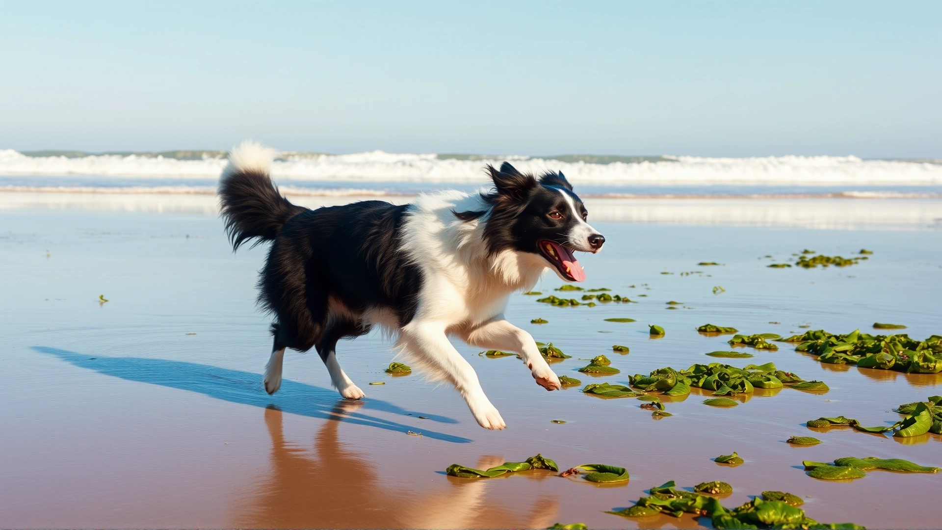 Cheerful dog sitting next to its owner at the kitchen table with a small bowl of steamed spinach in front, bright morning light