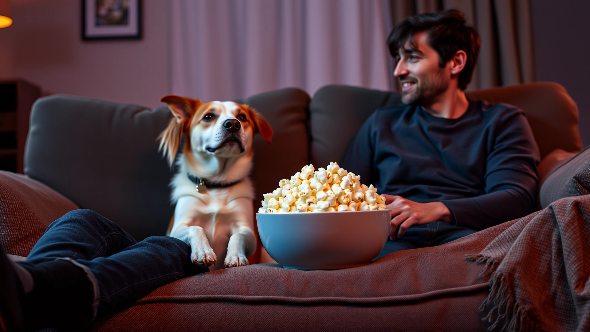 Owner and dog sitting on a couch watching a movie with a large bowl of plain popcorn placed between them; evening ambiance, warm lighting, lifestyle photo