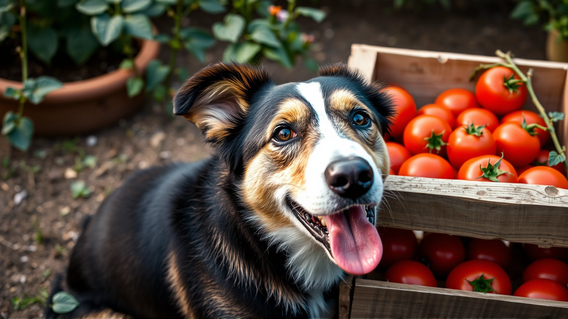 Close-up of a cheerful mixed-breed dog sitting next to a wooden crate filled with ripe red tomatoes in a garden