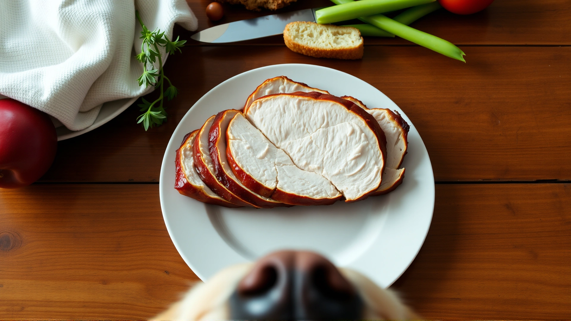 Top-down view of a wooden table with a perfectly cooked sliced turkey breast on a white plate and a curious dog’s nose just entering the frame from the bottom edge, bright natural lighting.