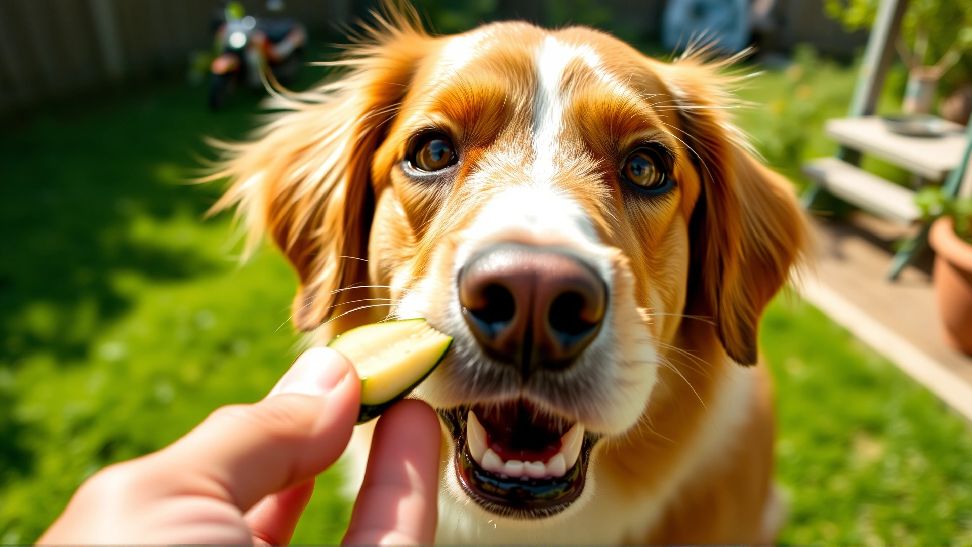 Close-up horizontal shot of a dog gently nibbling on a small piece of zucchini offered by its owner in a sunny backyard, vibrant green tones, shallow depth of field