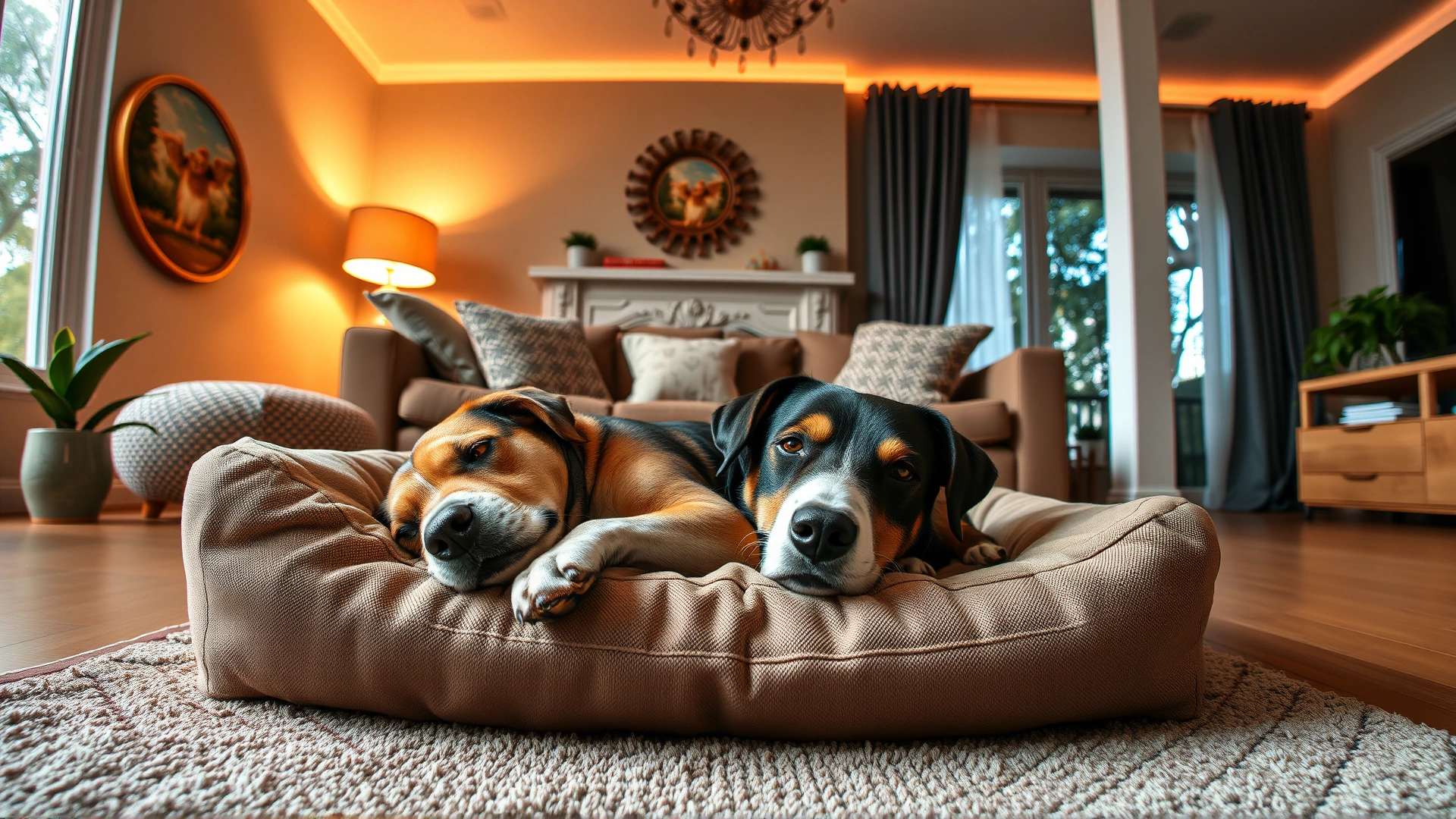 Wide-angle shot of a serene living room with a relaxed dog lying peacefully on a cushioned dog bed, warm ambient lighting