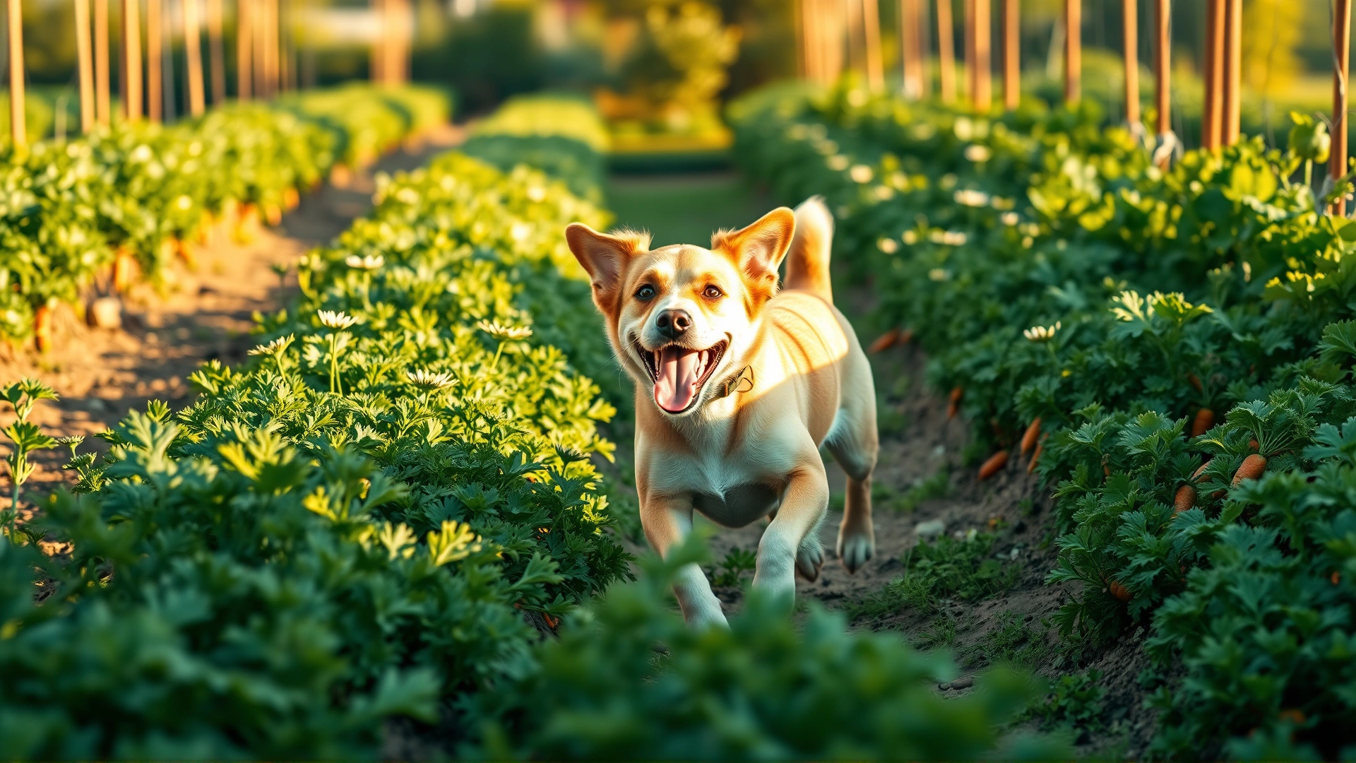 Wide panoramic shot of a happy dog running through a lush vegetable garden with visible carrots and leafy greens, lit by warm afternoon sunlight.