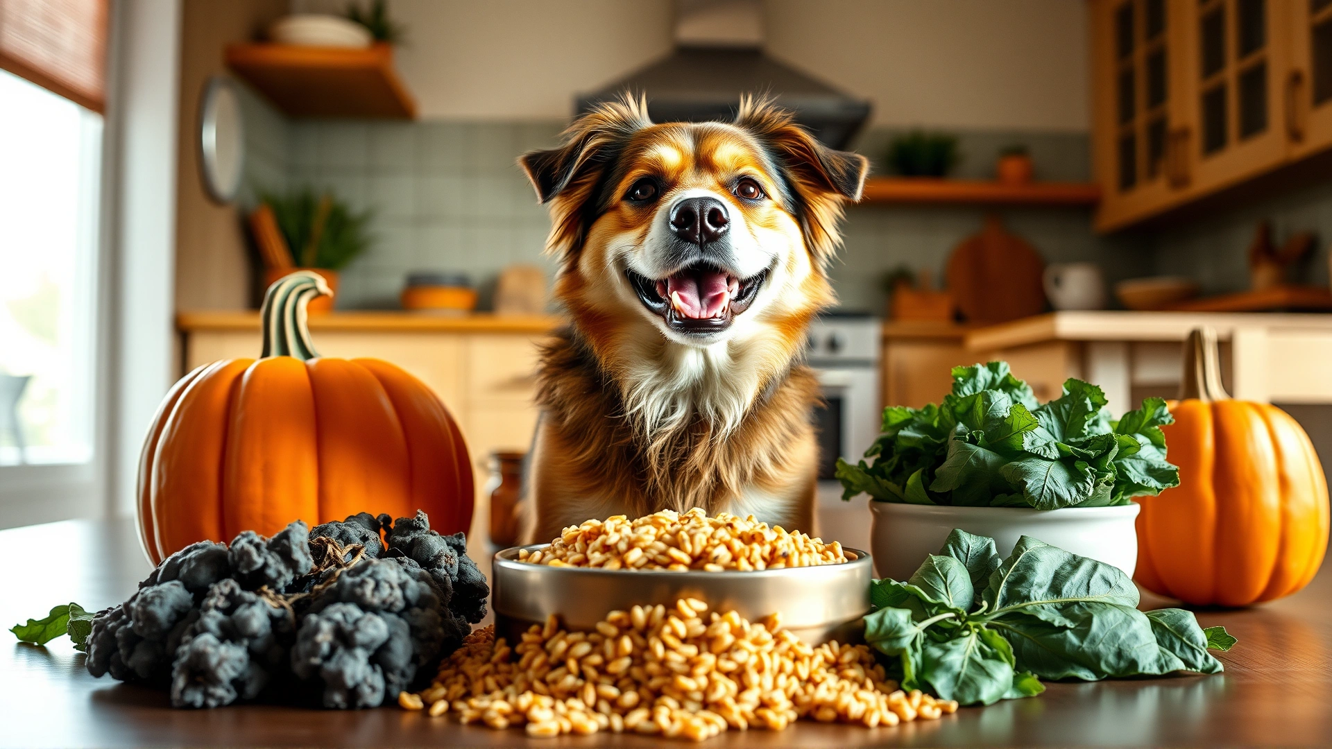 Wide-angle shot of a friendly dog sitting in front of various fiber-rich ingredients (pumpkin, brown rice, leafy greens) neatly arranged around a food bowl, warm household kitchen background, soft natural light.
