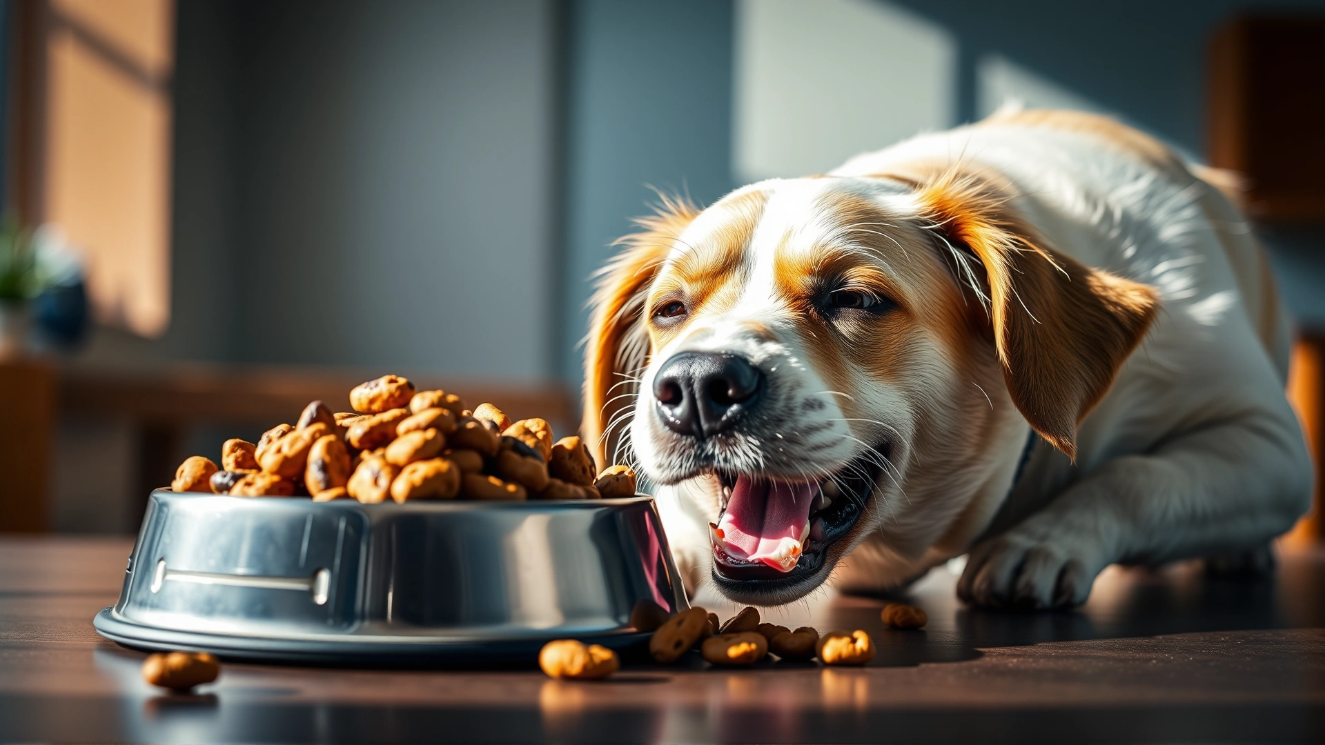 An inviting hero banner showing a close-up of a dog happily eating kibble from a stainless steel bowl, captured at table level, bright natural lighting