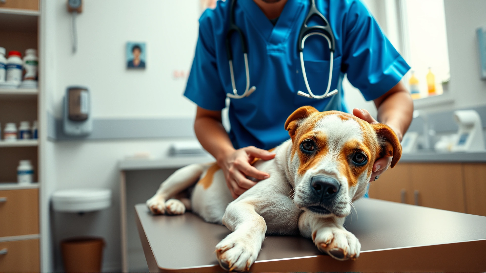 Wide-angle shot of a veterinarian comforting a medium-sized dog on a clinic table, with subtle focus on various pet medication bottles in the background, bright and welcoming atmosphere