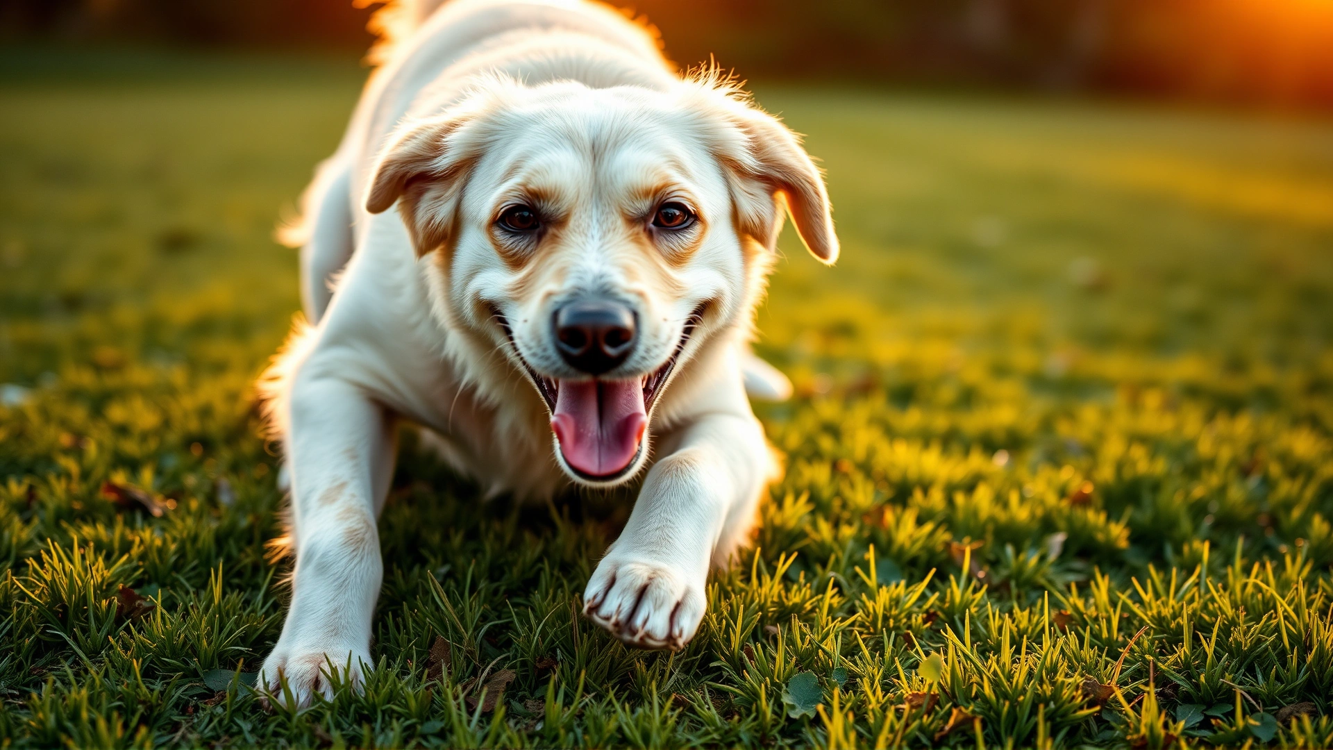 Close-up of a happy senior dog stretching its front legs on a grassy lawn at sunrise, warm lighting emphasising vitality, no text on image