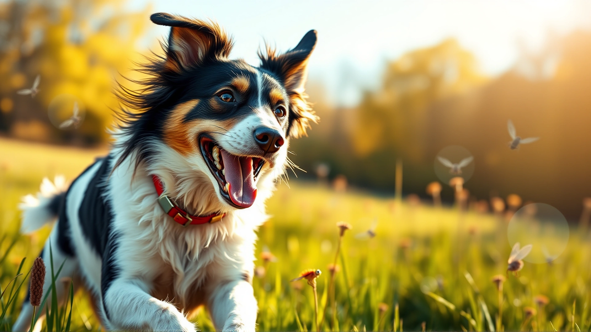 Cheerful mixed-breed dog running through a sunny sunlit field, with subtle translucent flea icons around to convey energy and topic, wide angle, vibrant colors