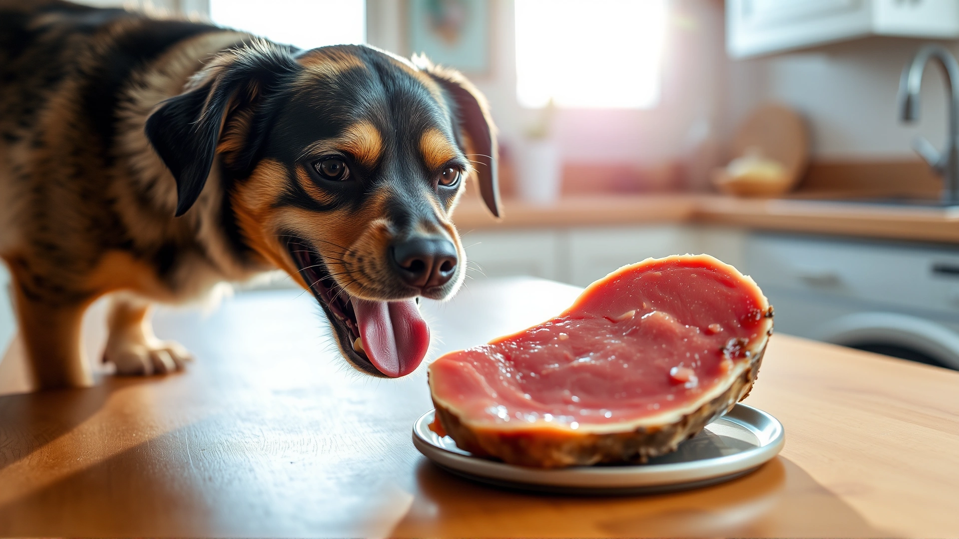 Happy mixed-breed dog sniffing a fresh tuna steak on a wooden kitchen table, backlit by soft morning sunlight