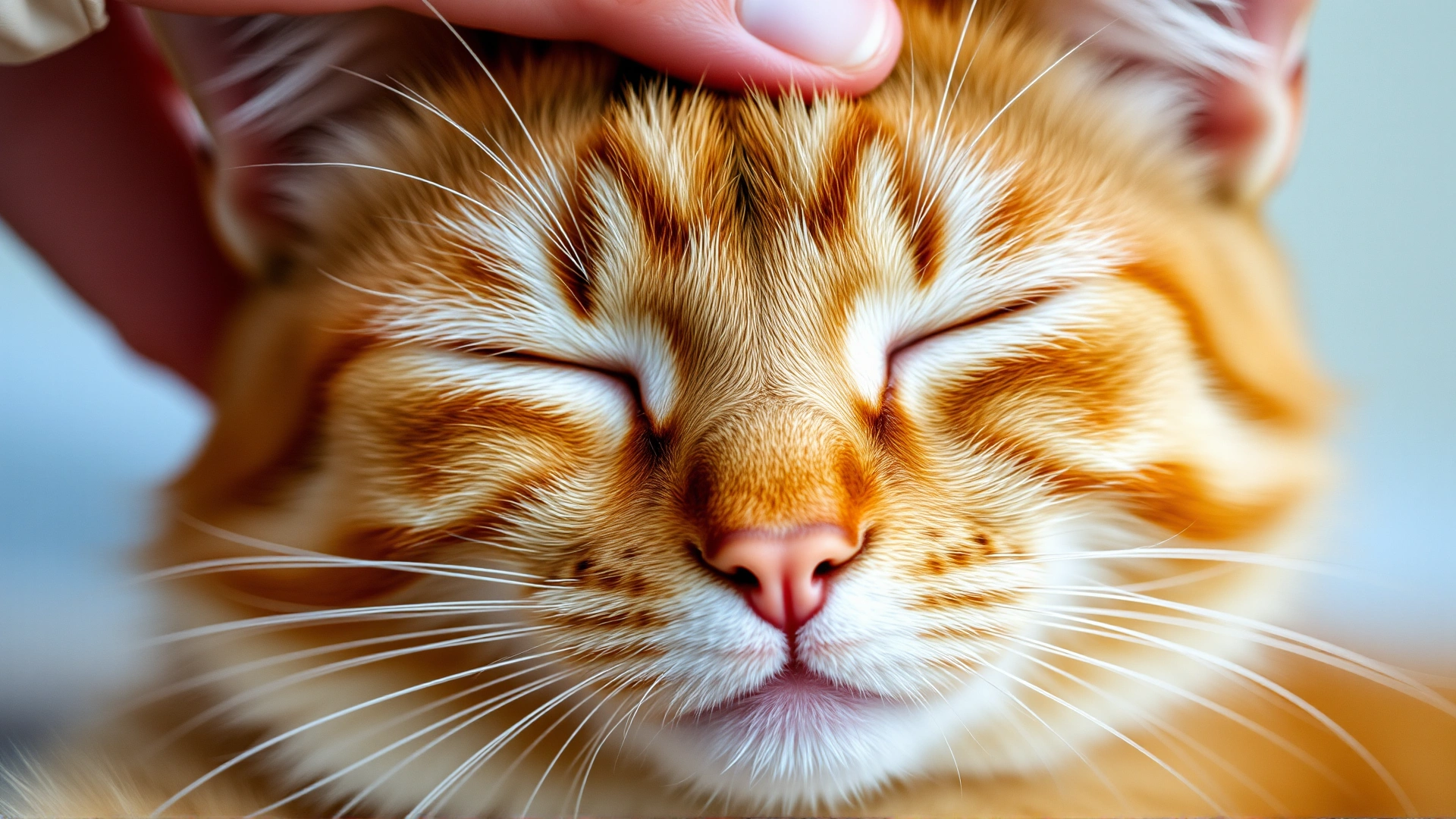 Close-up of a senior orange tabby cat closing its eyes in contentment while a human hand gently strokes its head, highlighting trust and affection.