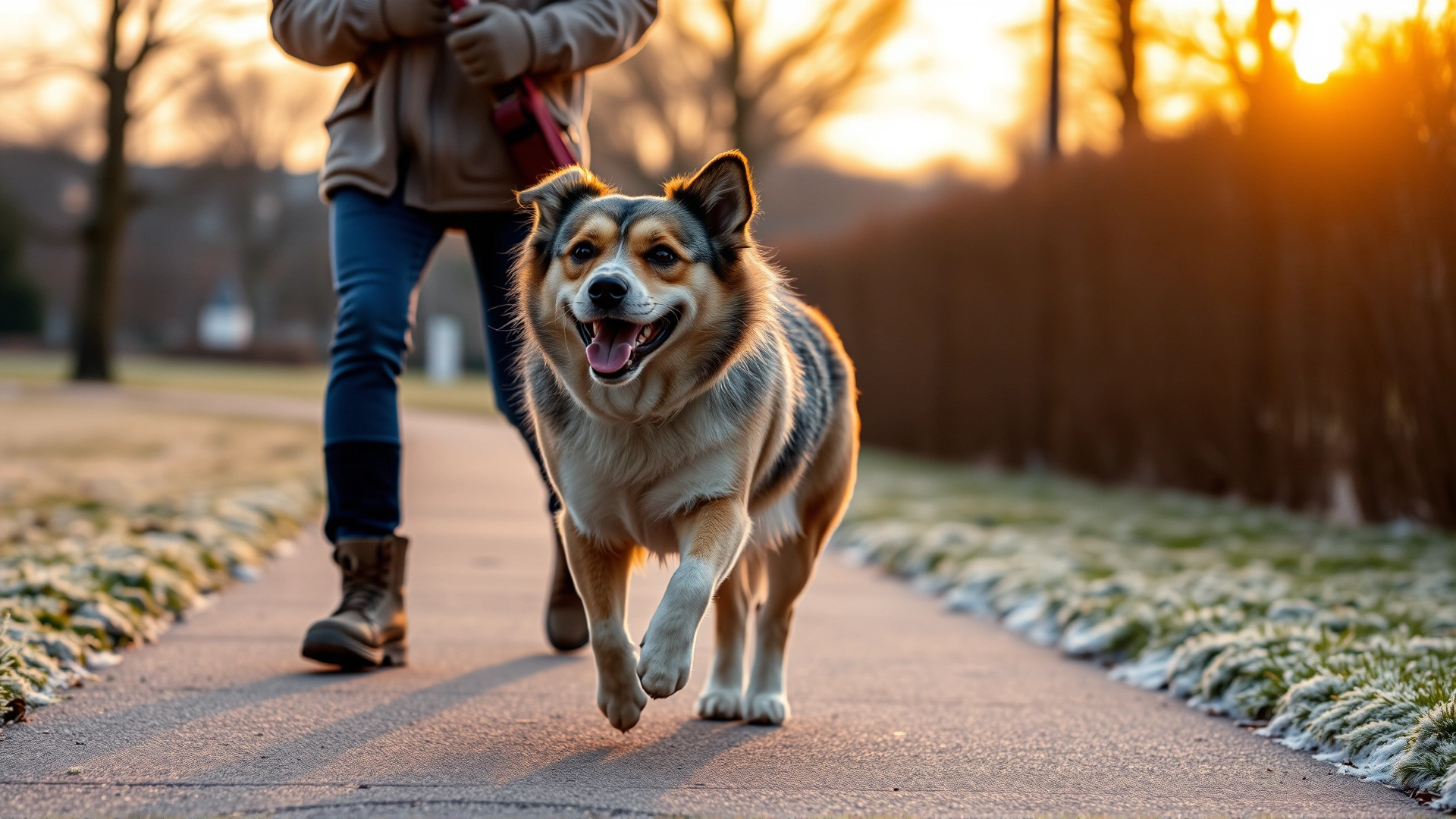 An active mixed-breed dog and its owner walking along a frosty park pathway at sunrise, visible warm breath indicating cold weather.