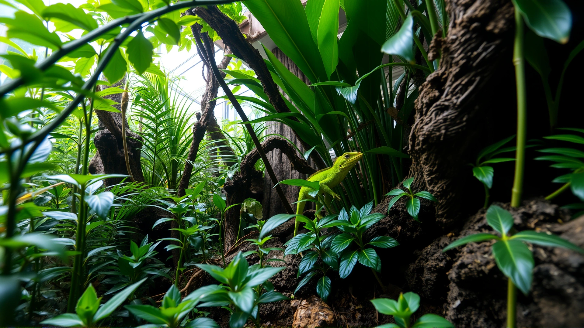 Wide-angle shot of a lush, naturalistic terrarium with a green anole visible among the foliage, providing an immersive introductory scene.