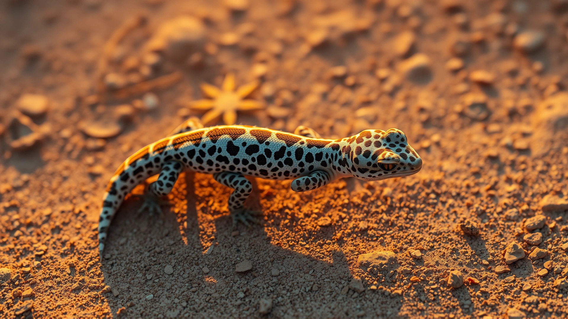 Overhead shot of a leopard gecko walking across a desert-like substrate with a warm sunset glow; captures the species’ natural habitat vibe.