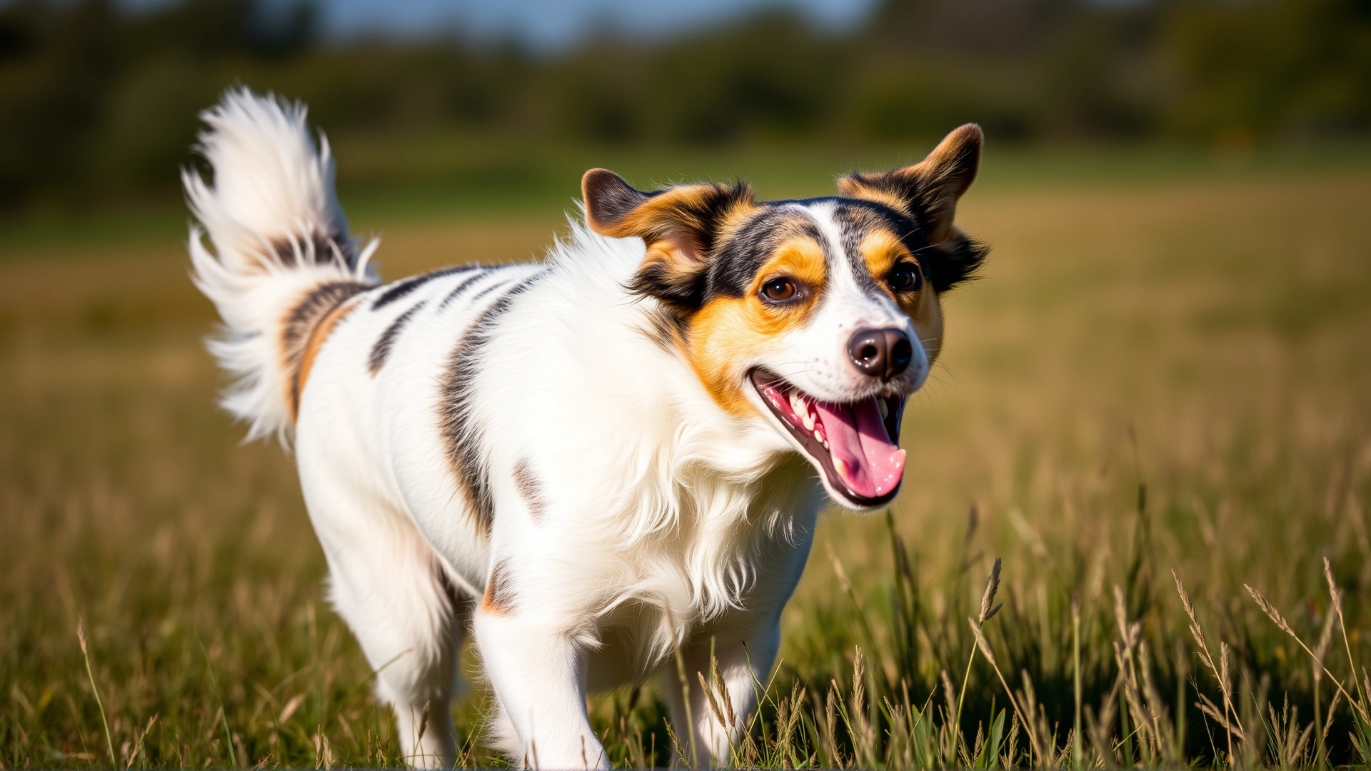 Close-up of a happy mixed-breed dog running across a sunny grass field, looking energetic and pain-free.