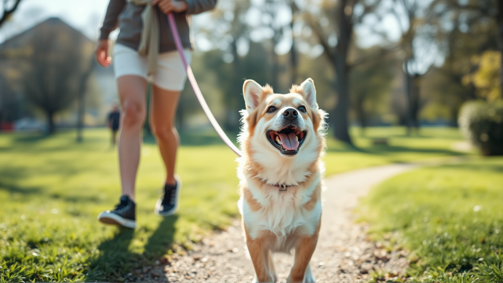 Happy medium-sized dog walking on a loose leash with owner in a sunlit park, focus on joyful interaction, shallow depth of field