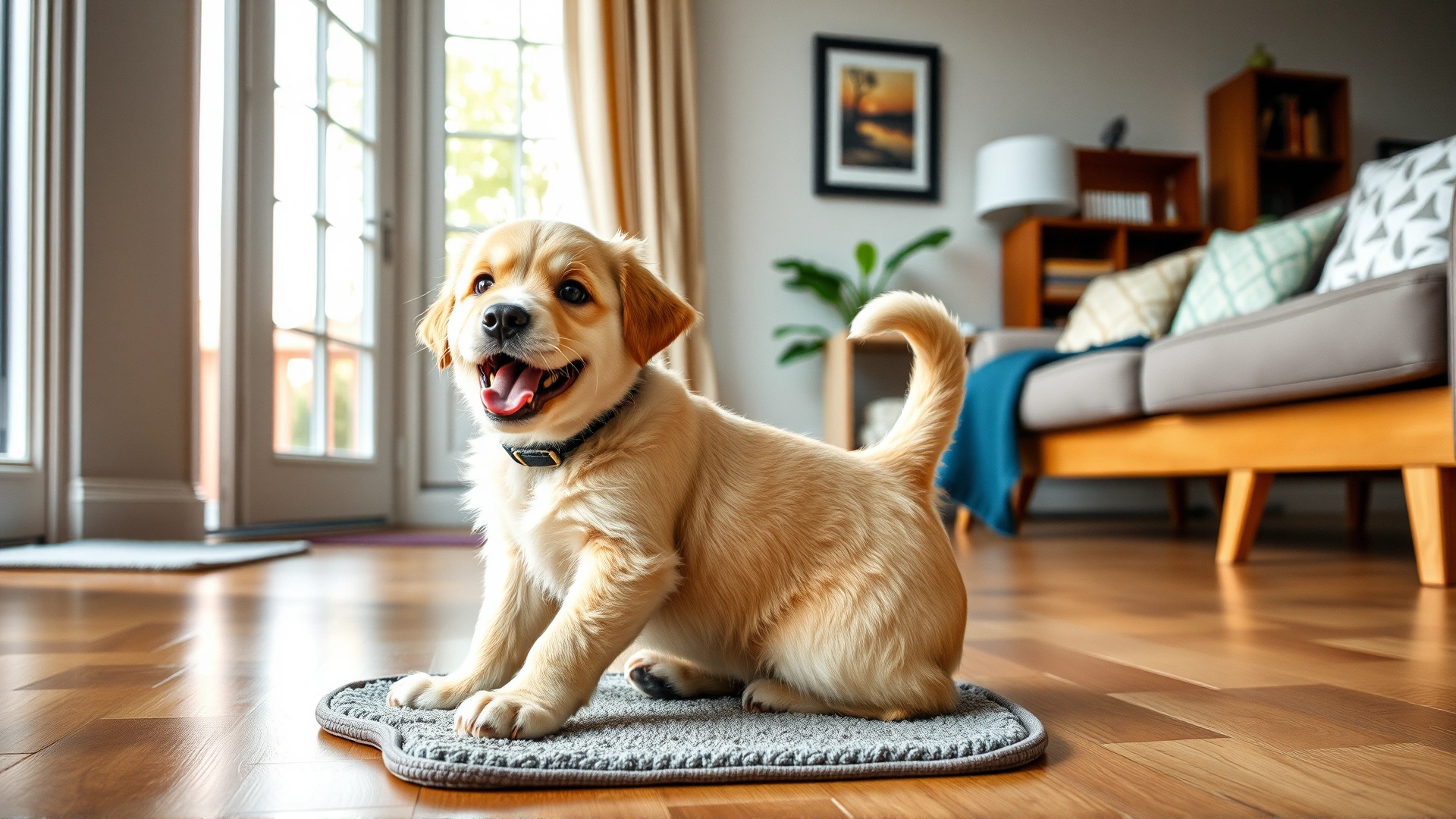Playful puppy wagging its tail while sitting next to a clean pee pad in a bright living room