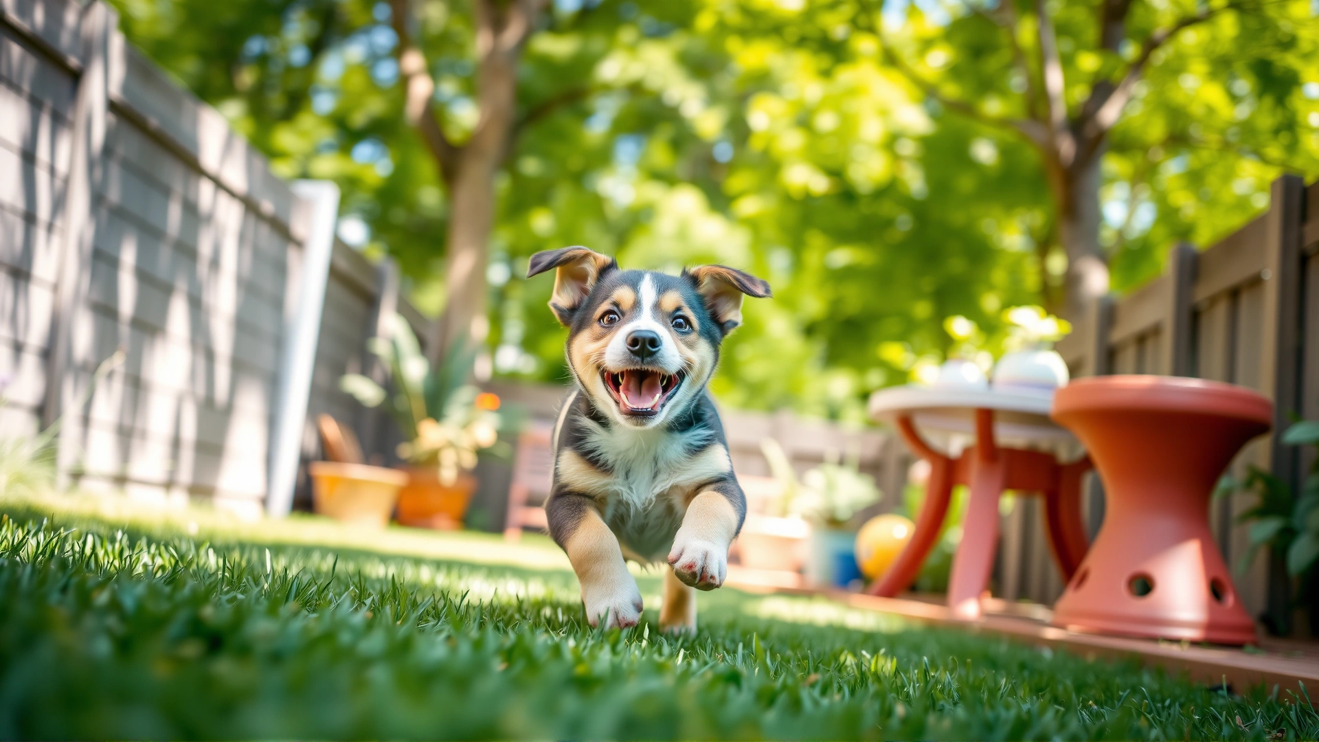 Wide-angle shot of a cheerful mixed-breed puppy running toward the camera in a sunlit backyard, embodying the joy of a new family member.