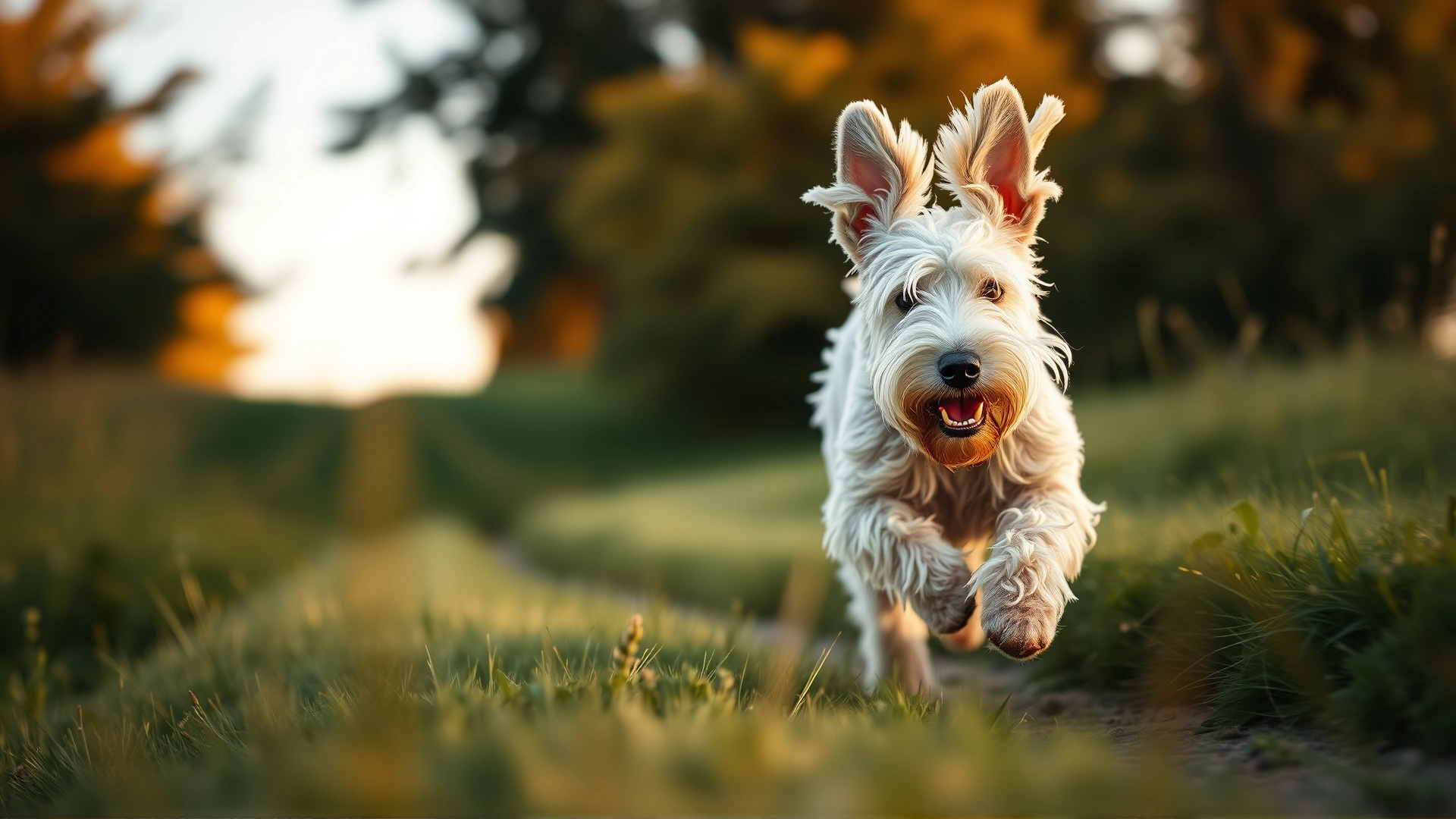 Wide-angle shot of a Bedlington Terrier running across a meadow with ears flapping, captured at golden hour, motion blur in background, high energy feel