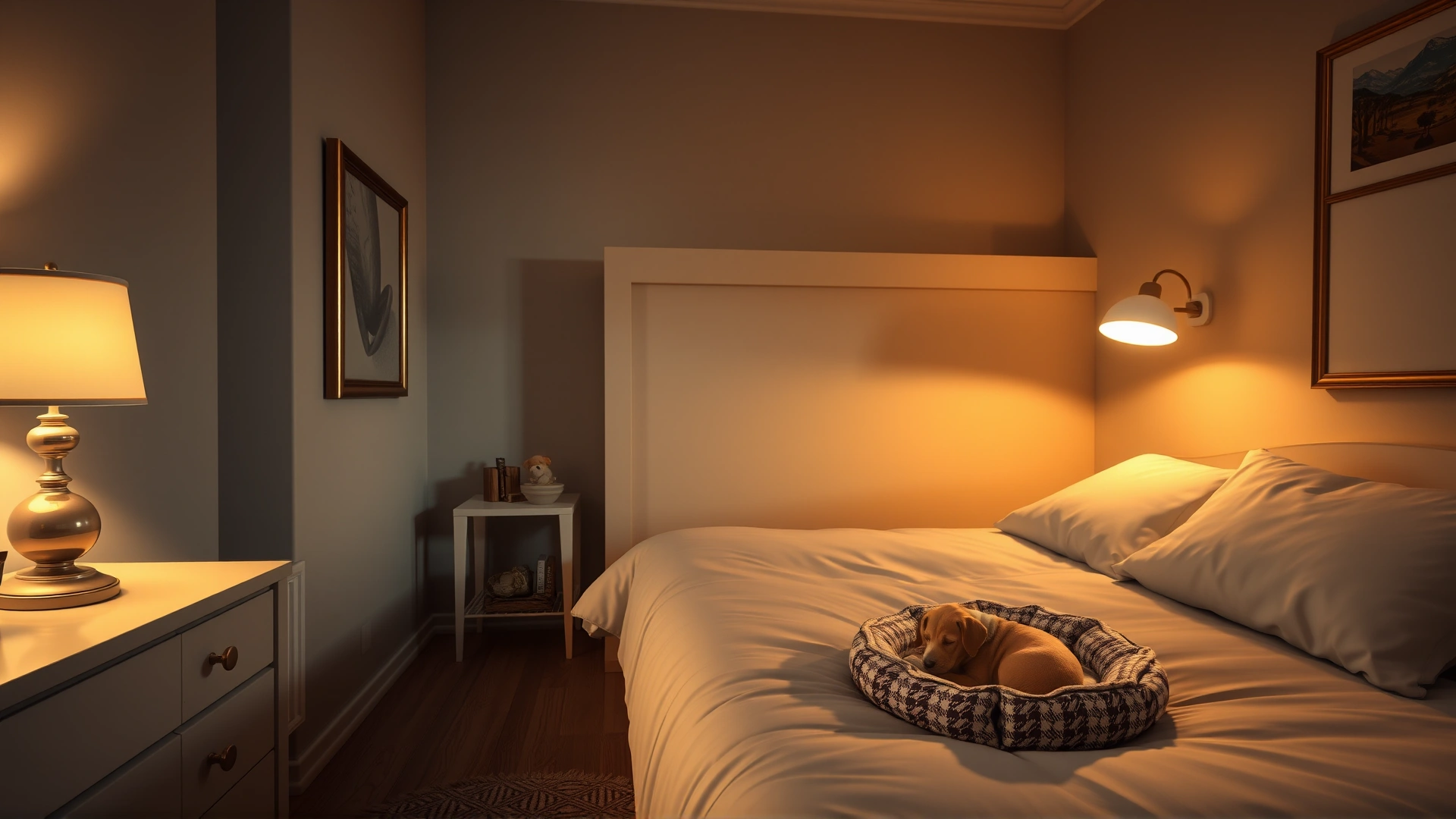 Wide shot of a cozy bedroom at dusk with a small puppy curled up in a dog bed near the nightstand, soft warm lighting, inviting and calm atmosphere
