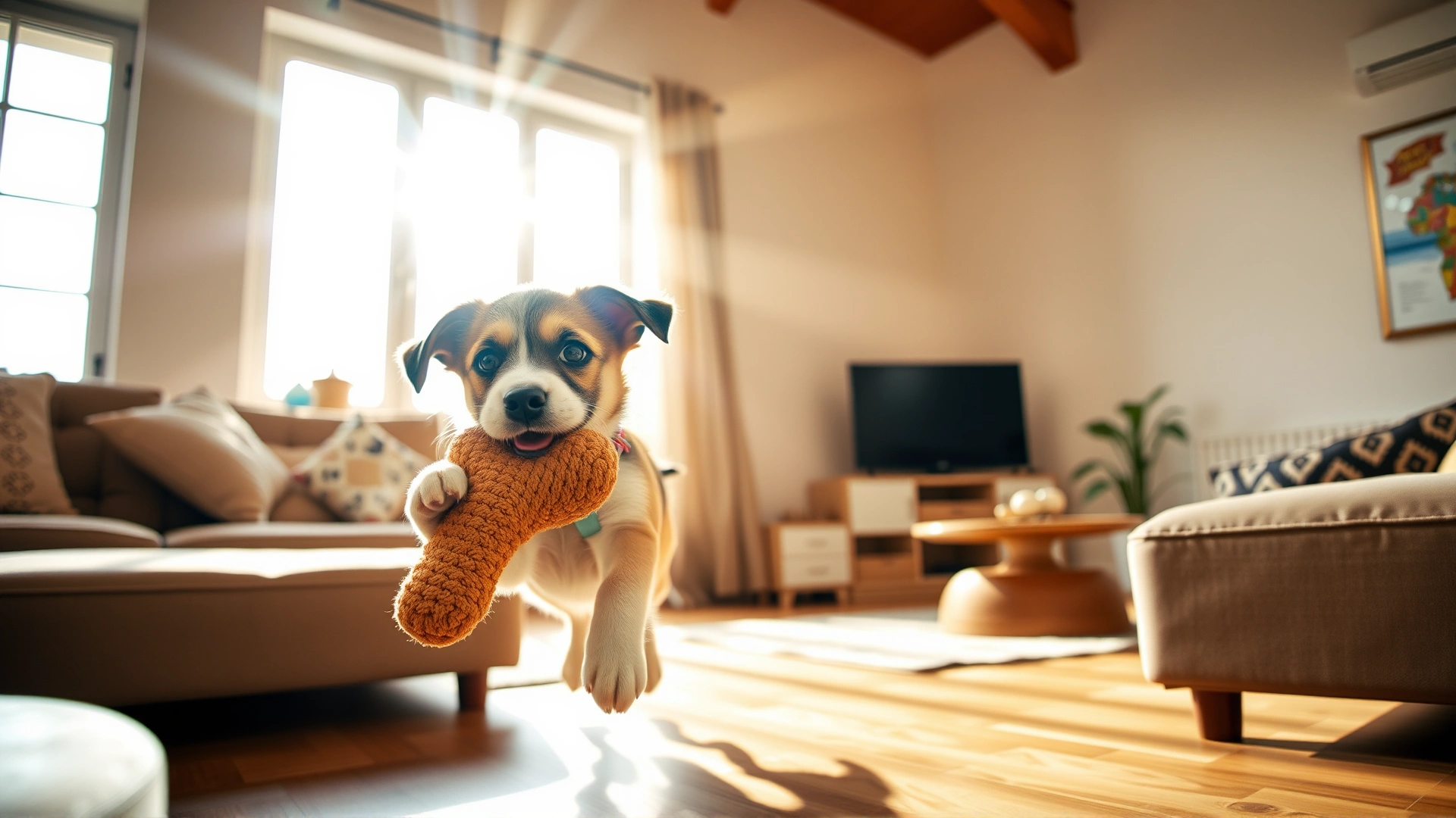 Wide-angle shot of a playful puppy running with a soft chew toy in a bright living room, sunbeams coming through large windows, joyful atmosphere.