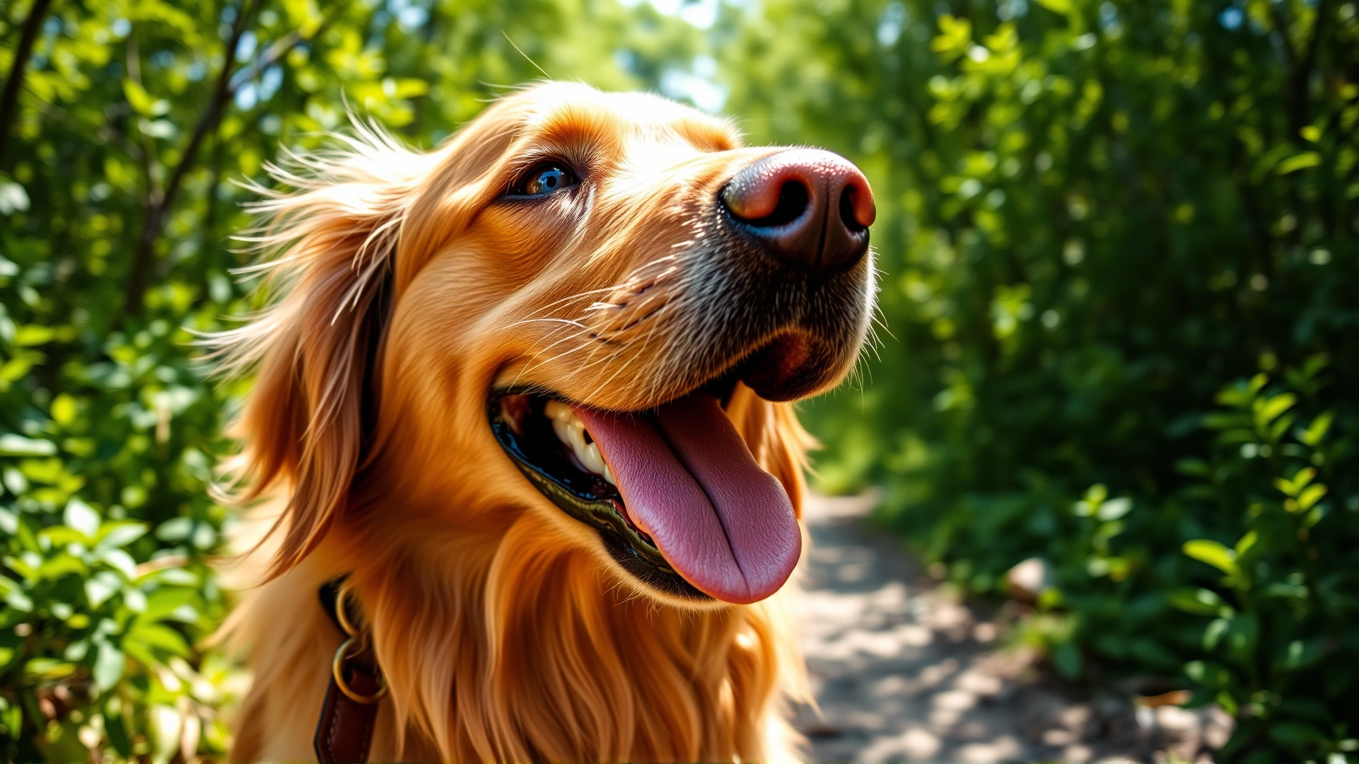 Close-up of a golden retriever panting happily while walking on a sunny trail surrounded by green foliage, capturing the essence of a summer adventure.