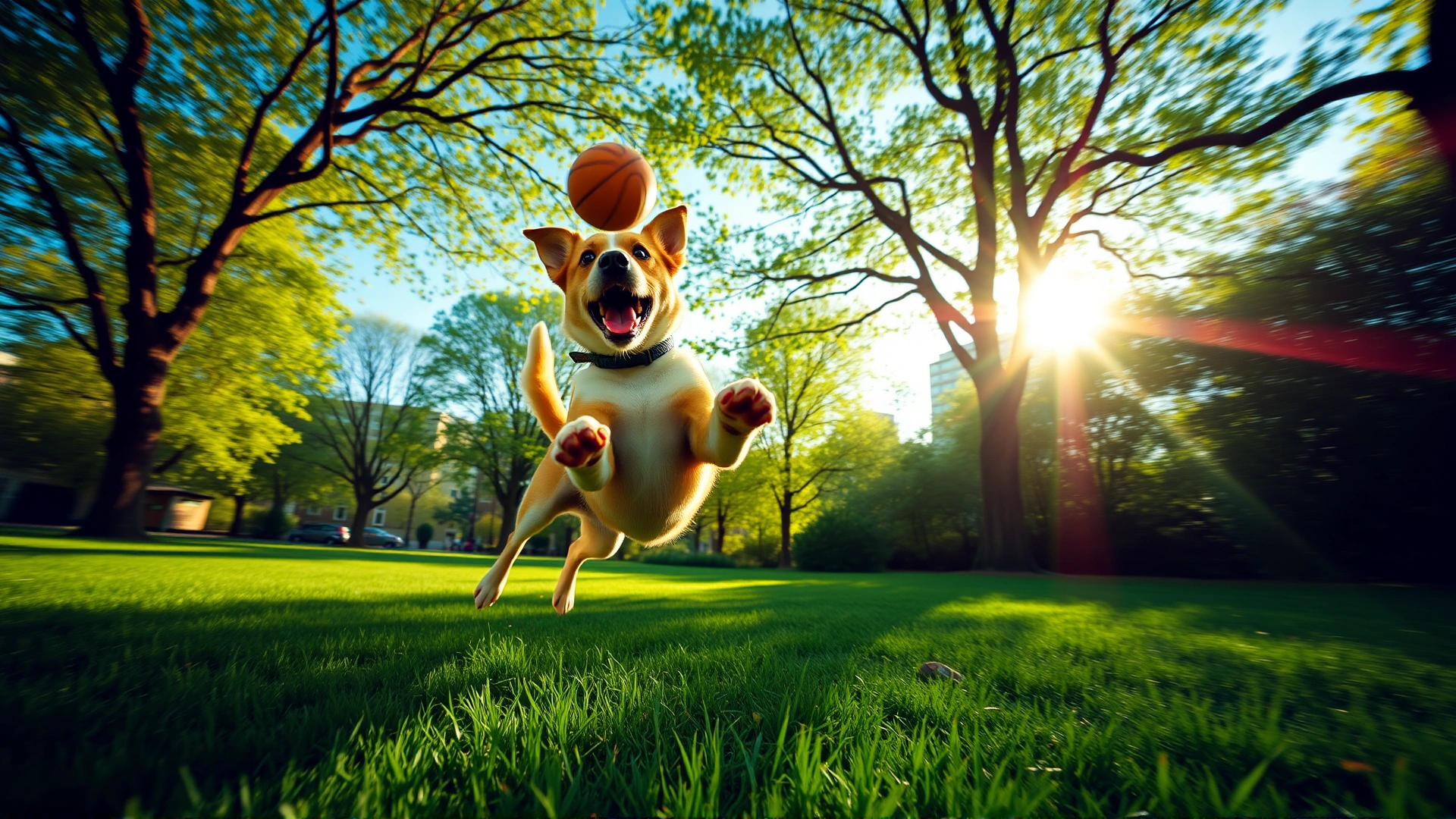 Wide-angle shot of an energetic dog leaping in mid-air while chasing a ball in a vibrant green park, sun flares in the background, high resolution.