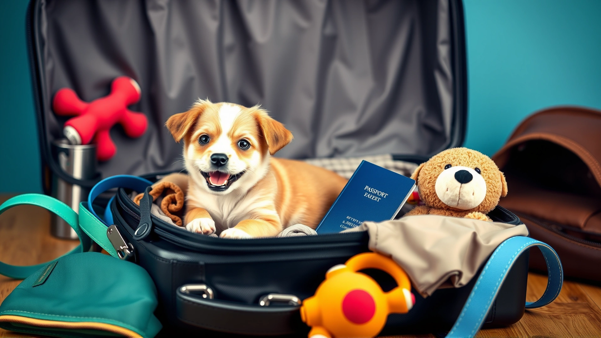 Happy young puppy sitting inside an open suitcase surrounded by travel items like leash, toys, and a pet passport on a bright background