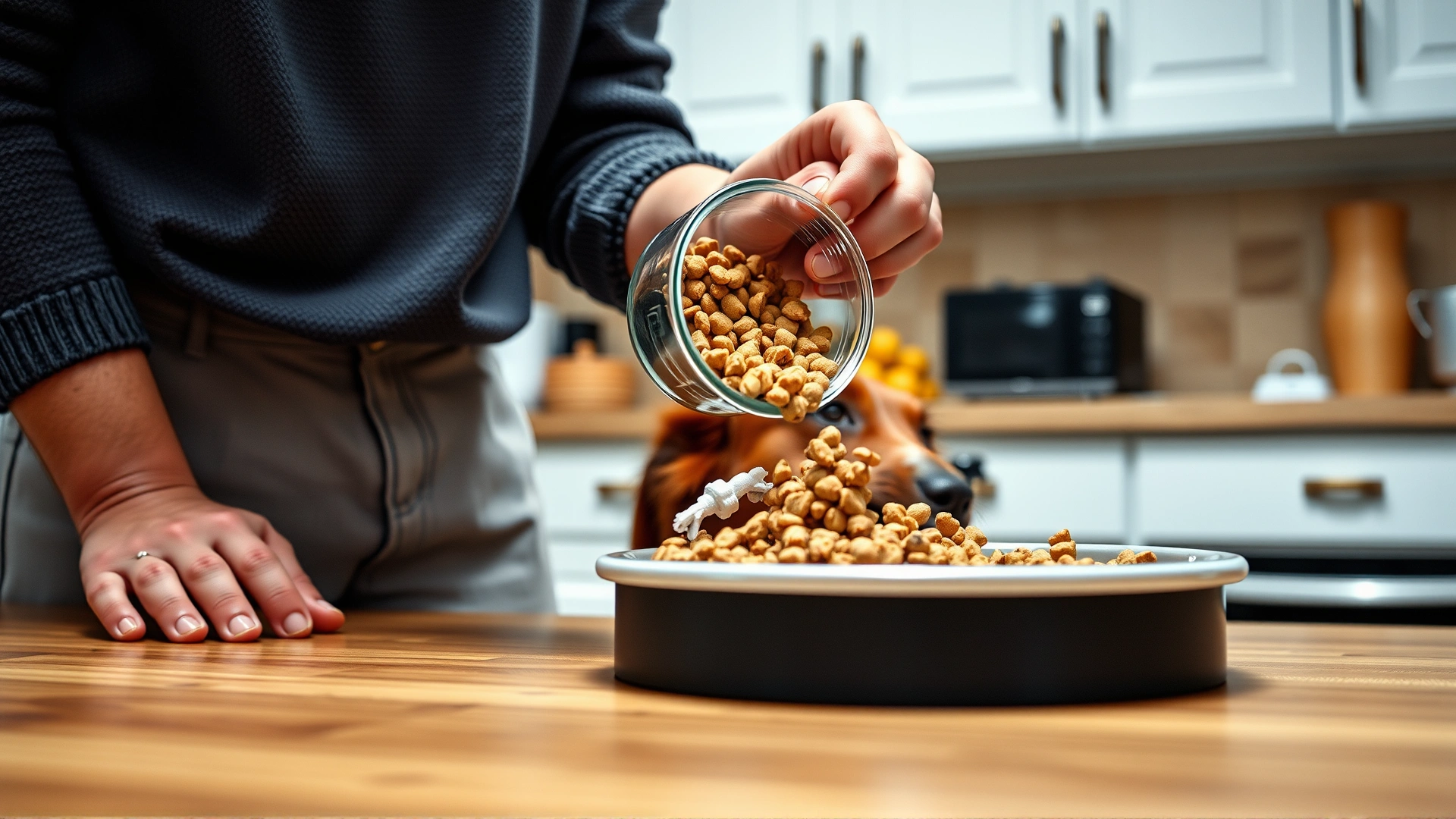 Close-up of a dog owner pouring kibble from a measuring cup into a dog bowl on a kitchen counter