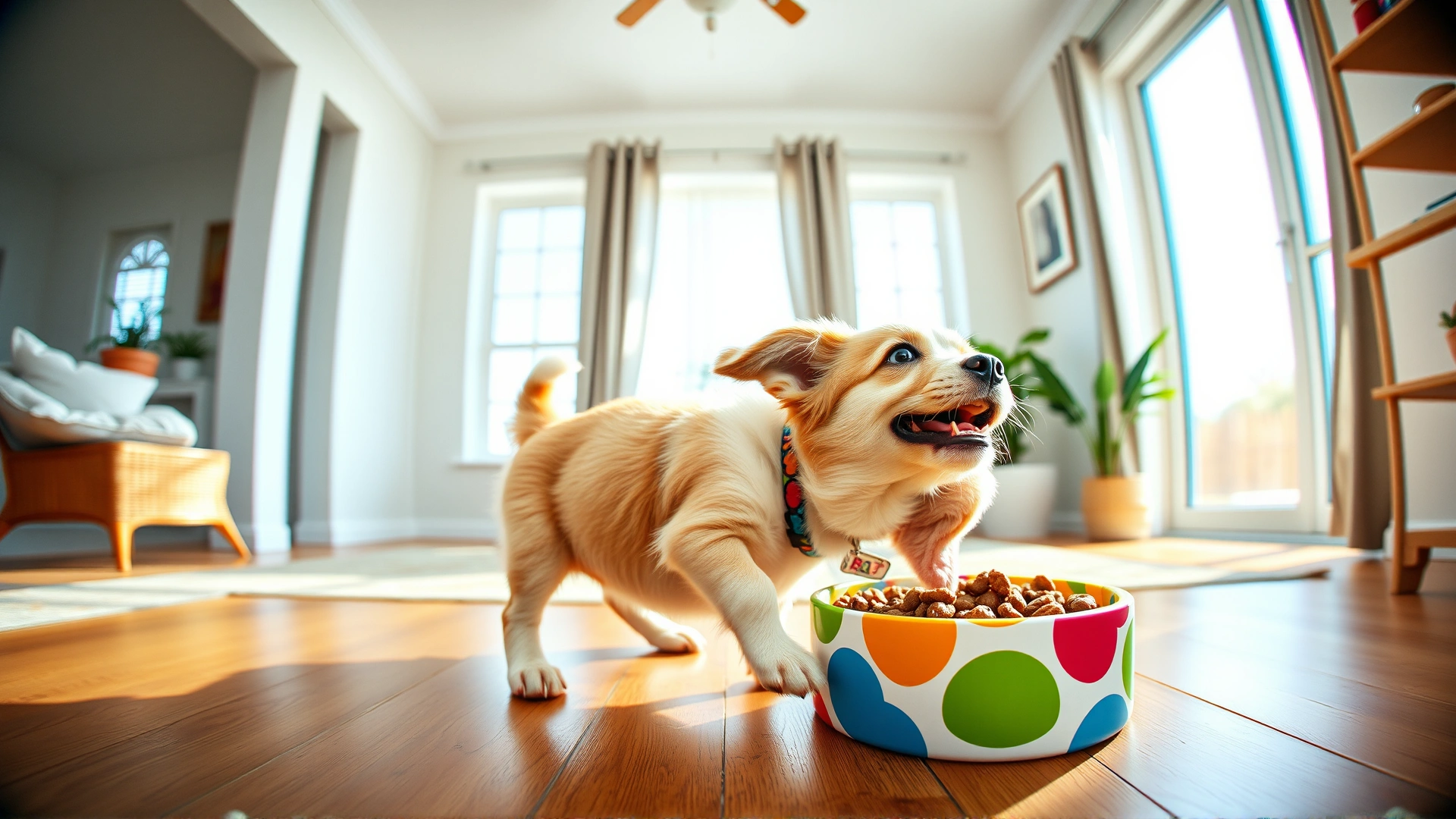 Wide-angle room shot of a happy puppy wagging its tail while eating from a colorful food bowl, bright and airy home interior, natural sunlight