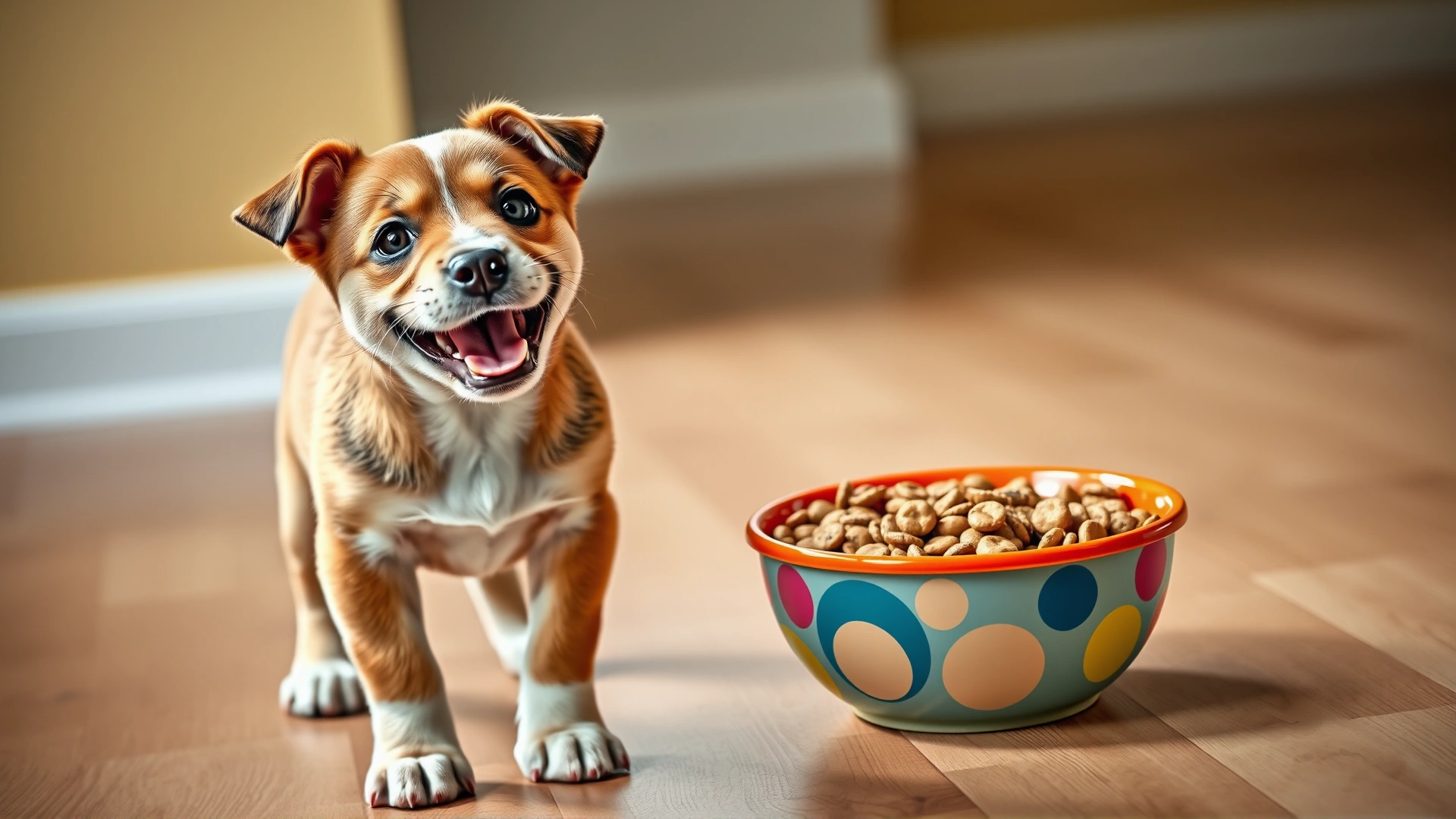 Cheerful puppy looking up at the camera while standing next to a colorful bowl filled with puppy kibble on a wooden floor, shot with shallow depth of field for a welcoming hero image.