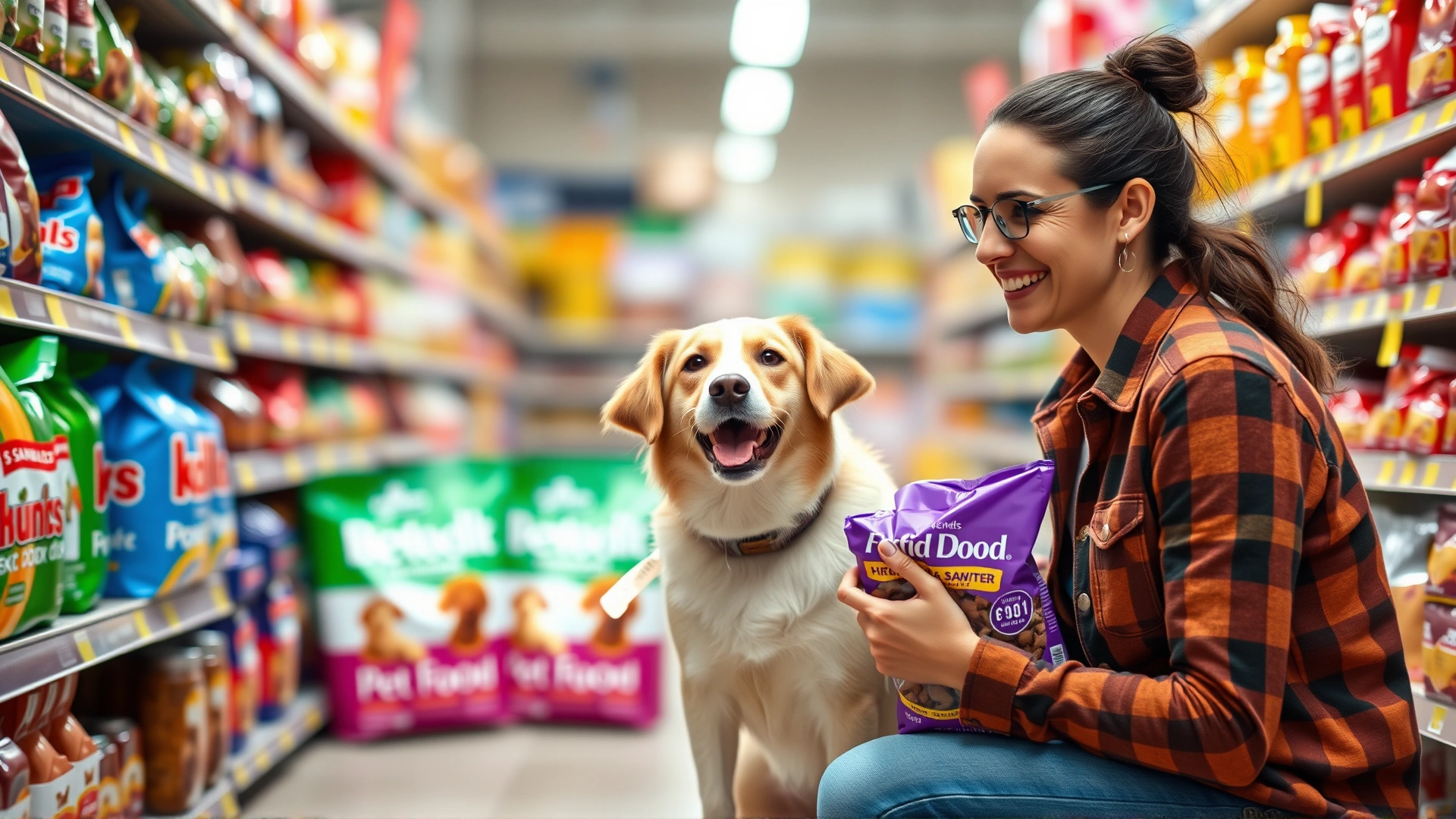 Wide banner showing a smiling dog owner kneeling in a brightly lit pet store aisle while comparing two bags of dog food, colorful shelves blurred in the background.