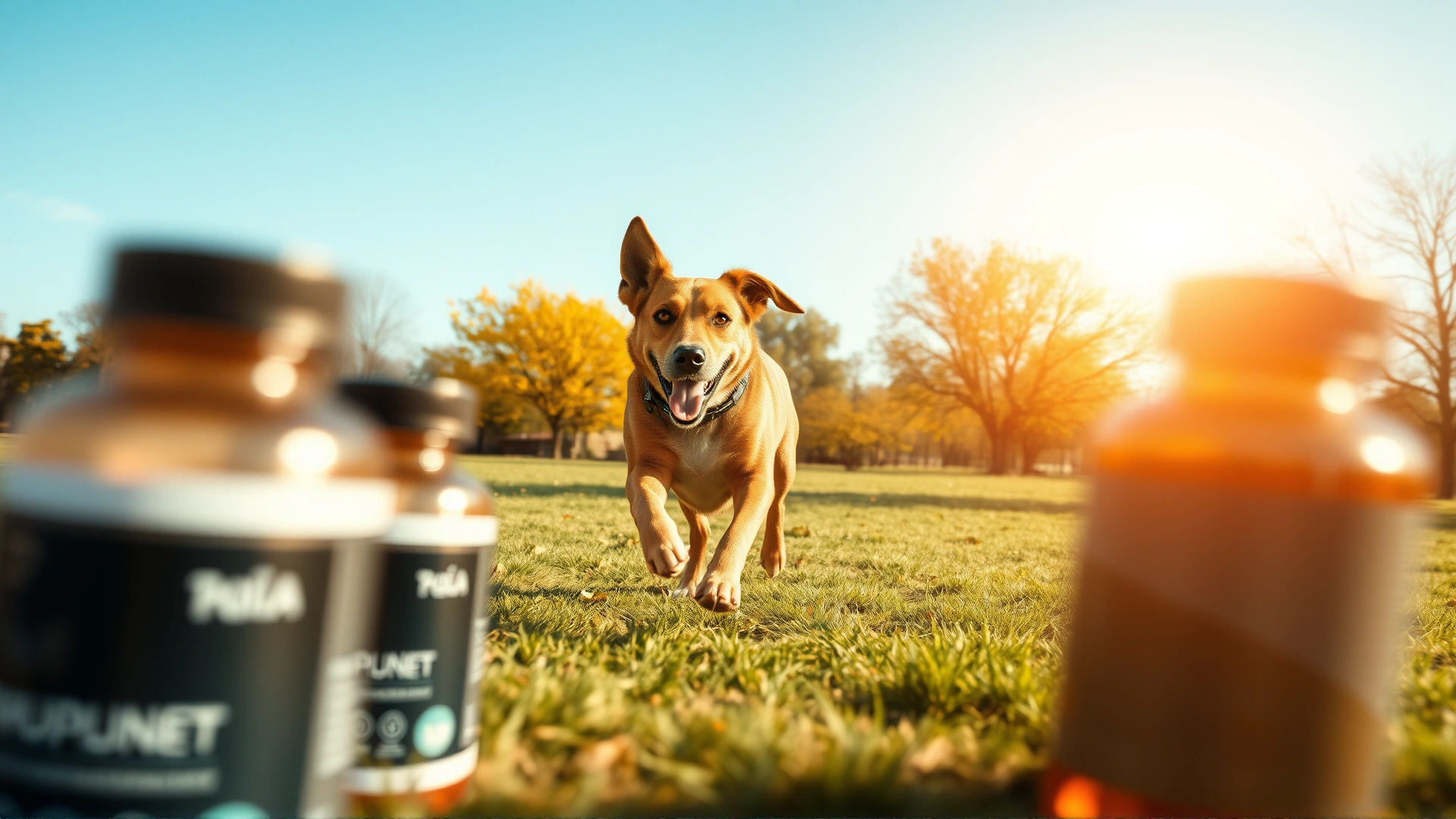 Wide angle shot of an active dog running in a sunny park with subtle overlay of supplement bottles blurred in the foreground, conveying energy and health