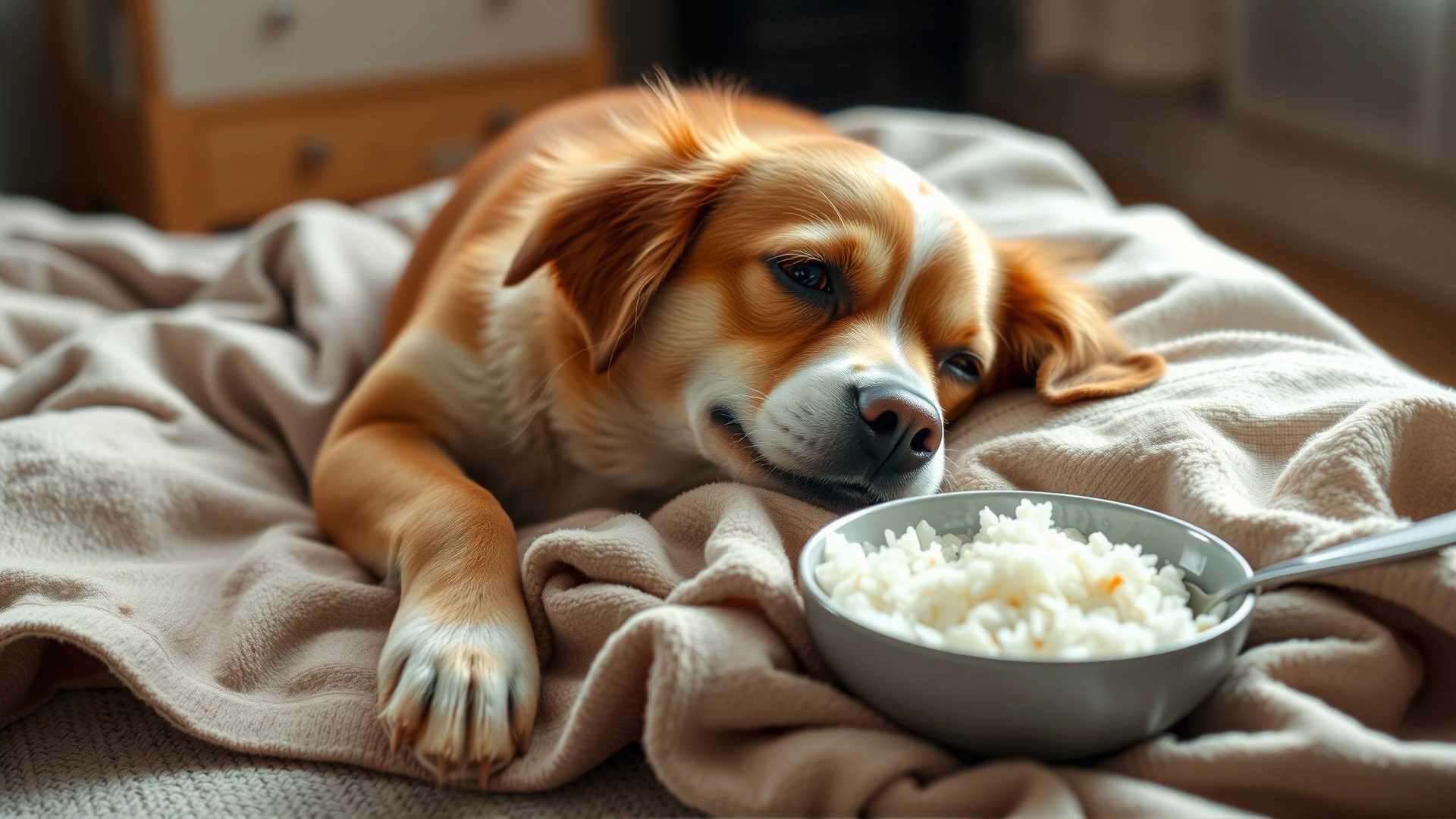 Happy but slightly tired-looking dog lying on a soft blanket with a bowl of plain rice and chicken nearby, shot in soft natural light to convey care during illness.