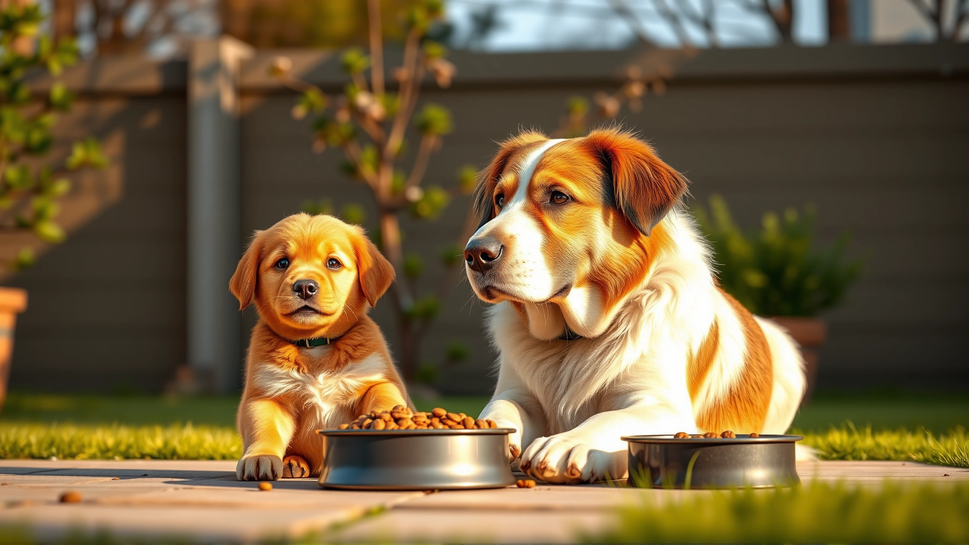 Playful puppy and adult dog sitting side by side with food bowls in a sunny backyard, golden hour lighting, no text