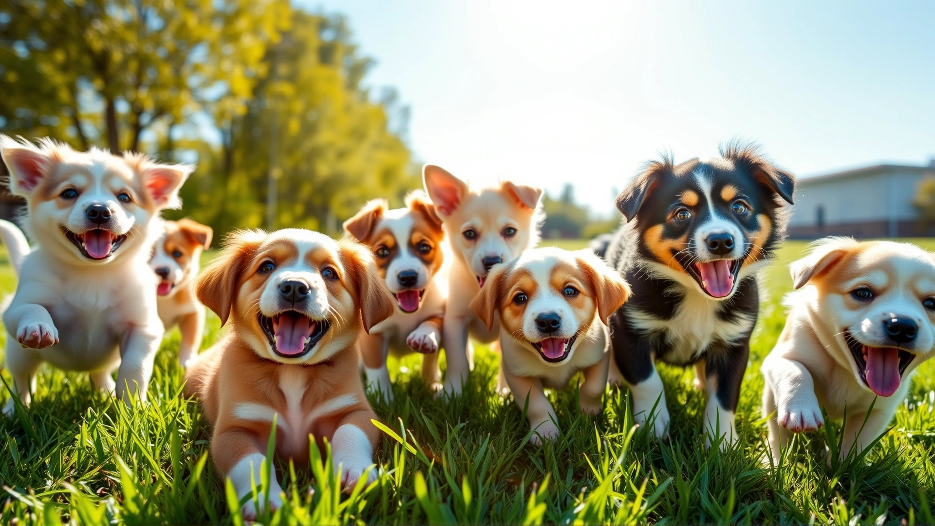 Group of diverse breed puppies playing together on green grass under bright sunshine, vibrant and happy, no text
