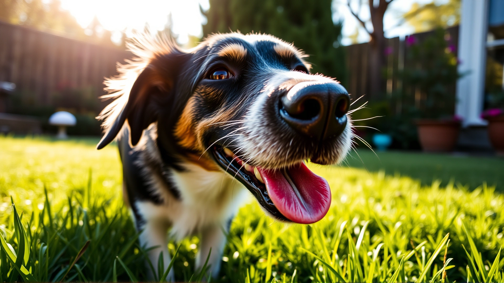 Happy dog sniffing in a sunlit garden, slight focus on its nose with a very light natural moisture, bright and inviting atmosphere, no text.