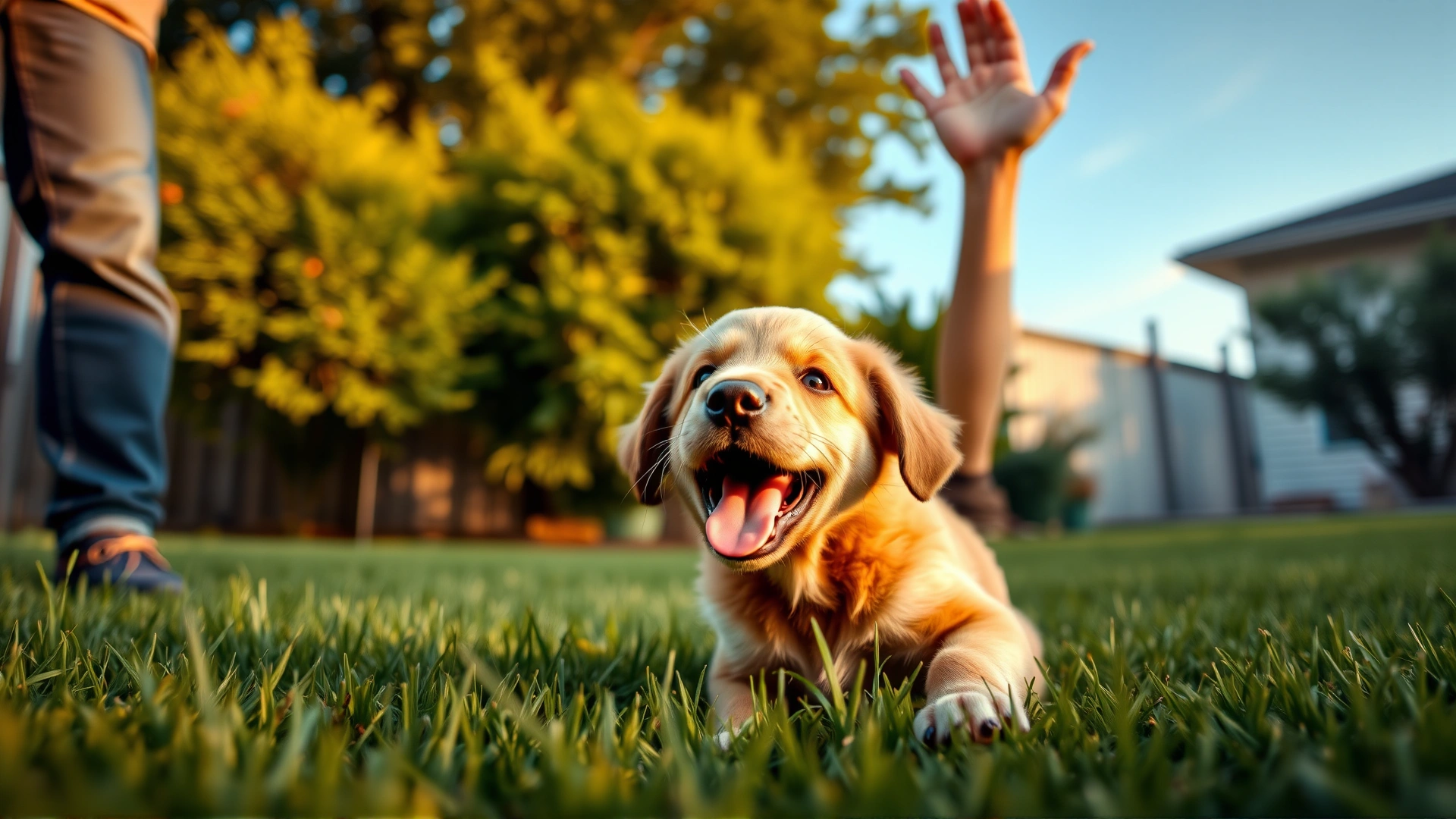 Wide-angle shot of a playful puppy and its owner in a grassy backyard, owner raising hand for a command, sunlit evening atmosphere.
